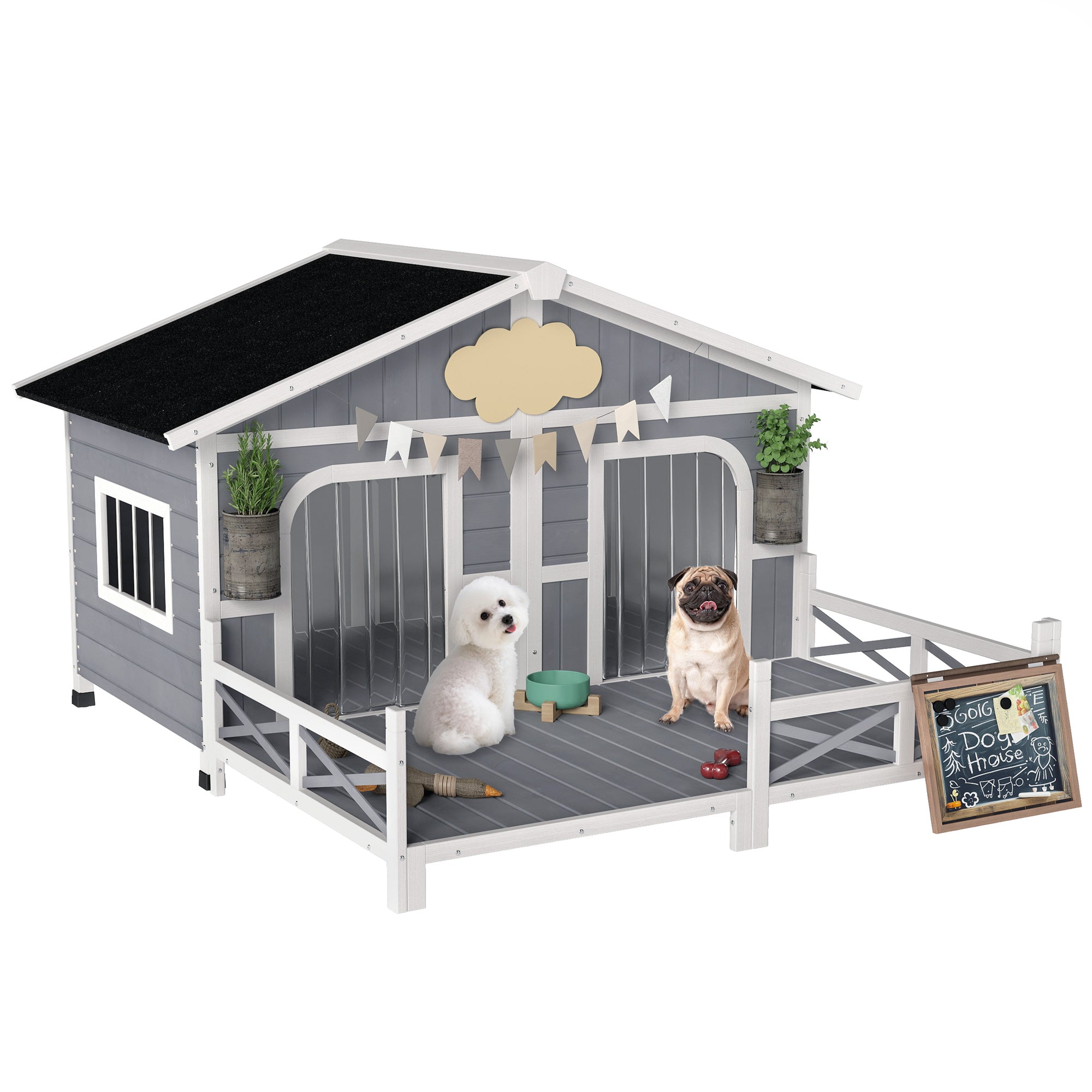 Dog House Outdoor, Wooden Dog Kennel Weatherproof with Porch, Openable Roof, Removable Bottom, Elevated Floor, Double Room for 2 Small to Medium Breeds, Gray - Grey