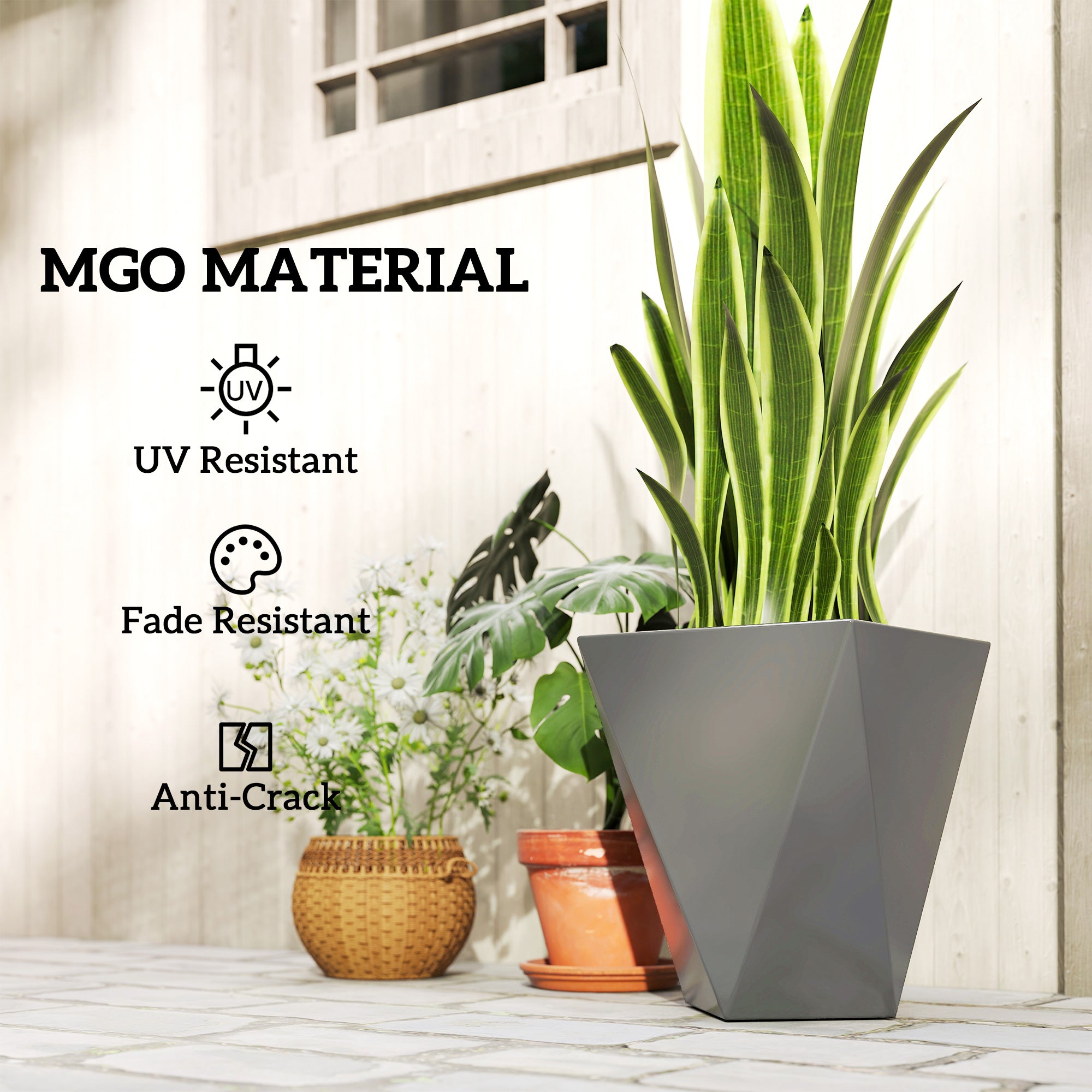 Indoor Outdoor Planters Set of 3 MgO Tall Planters Stackable Flower Pots with Drainage Holes for Garden, Balcony, Gray - Gray - Image 7