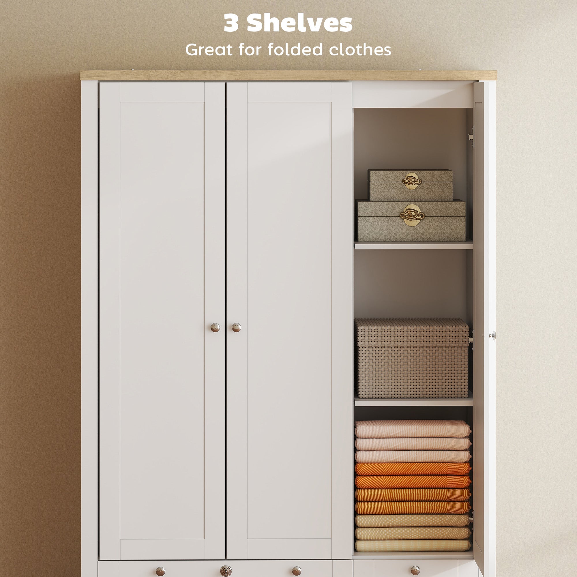 3 Doors Wardrobe Closet with 2 Drawers, Bedroom Armoire with Lockable Drawer, Hanging Rod and Storage Shelves, White