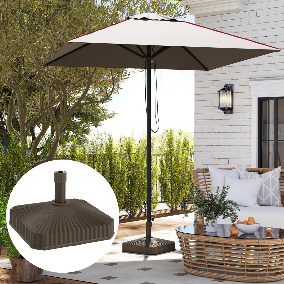 Square Patio Umbrella Base Holder, Heavy Duty Outdoor Umbrella Stand Base, Filled Up to 42lbs with Sand or 33lbs with Water for Garden, Poolside, Brown