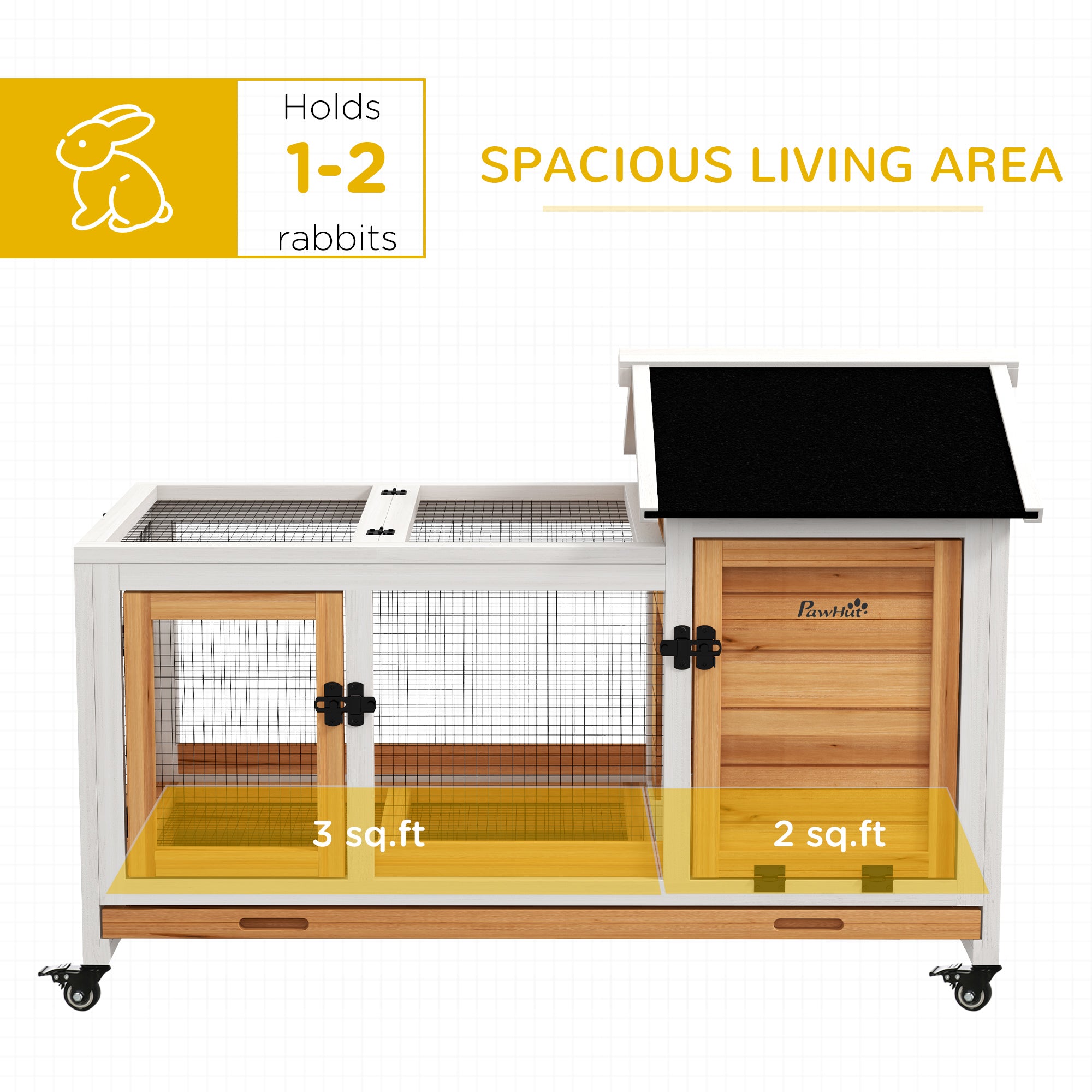 Wooden Rabbit Hutch with Wheels, Run, Slide-out Tray for Small Animals, Guinea Pig, Yellow - Yellow - Image 4