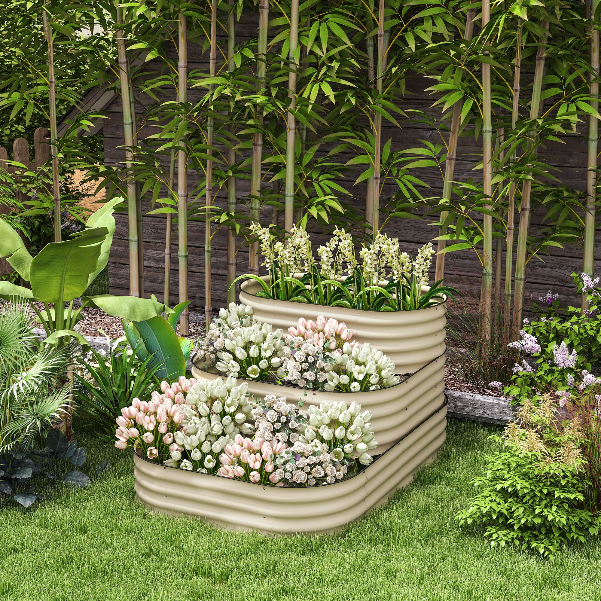 3-Tier Raised Garden Bed Set w/ Safety Edging, Open Bottom for Vegetables, Herbs, Flowers, 62.25" x 43" x 32.25", Cream - Cream White - Image 2