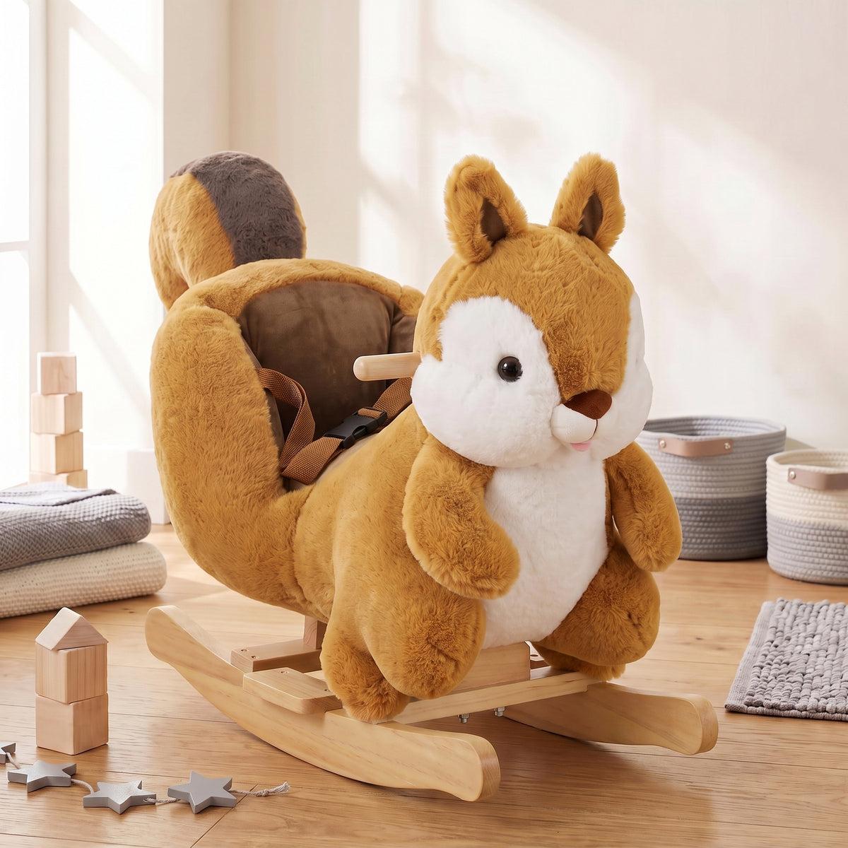 Baby Rocking Horse for Toddlers 1-3 Years, Squirrel Rocking Horse Toy with Sounds, Seat Belt and Rocking Stopper, Brown