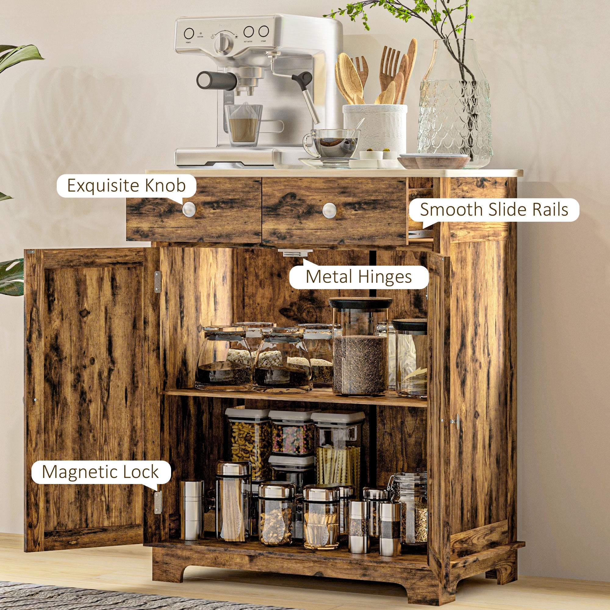 Kitchen Storage Cabinet, Sideboard Floor Cupboard with Solid Wood Top, Adjustable Shelf, and 2 Drawers, Brown