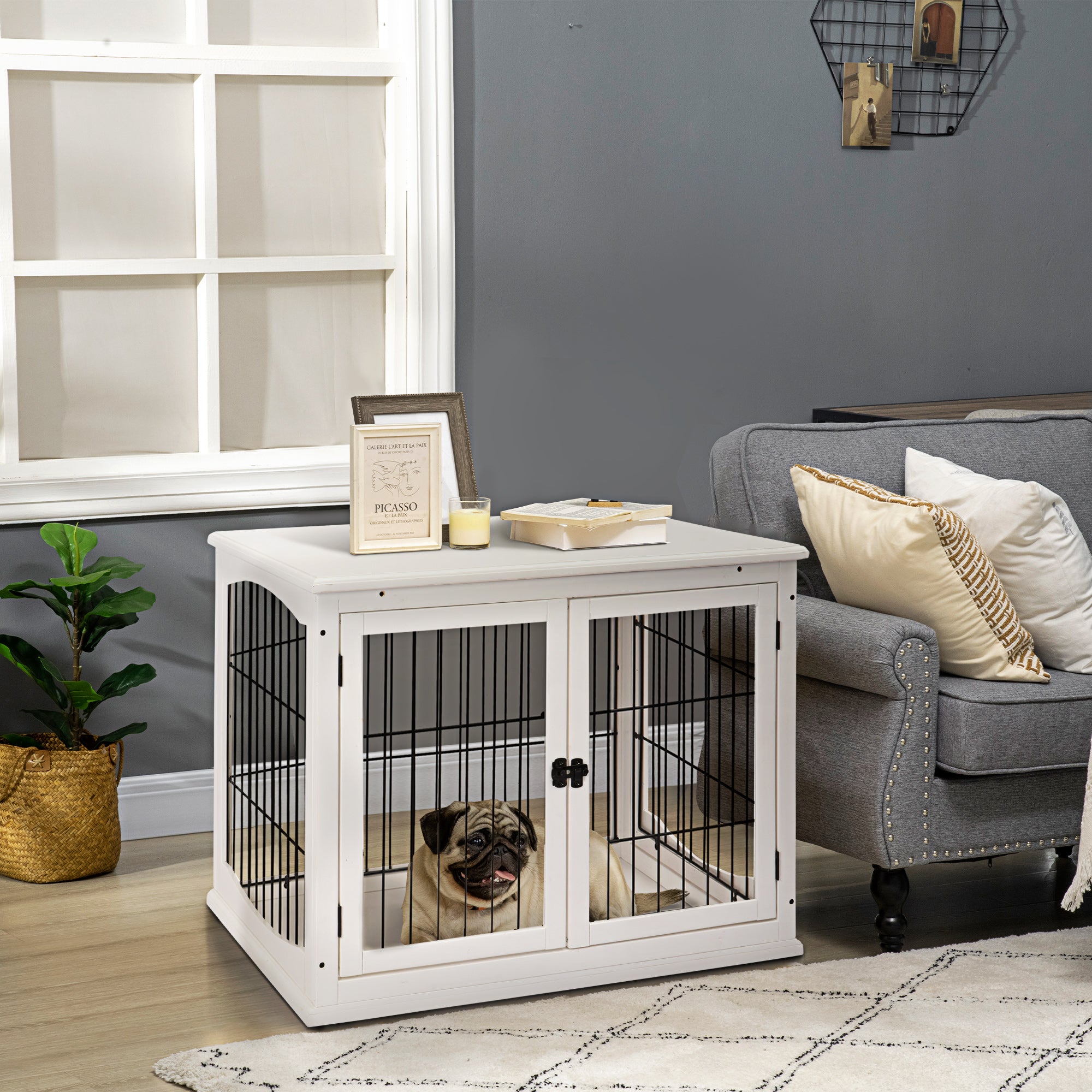 Dog Crate Furniture, 32" Small Dog Cage End Table with 2 Doors, Lockable Door, Puppy Kennel Indoor, White - White - Image 2