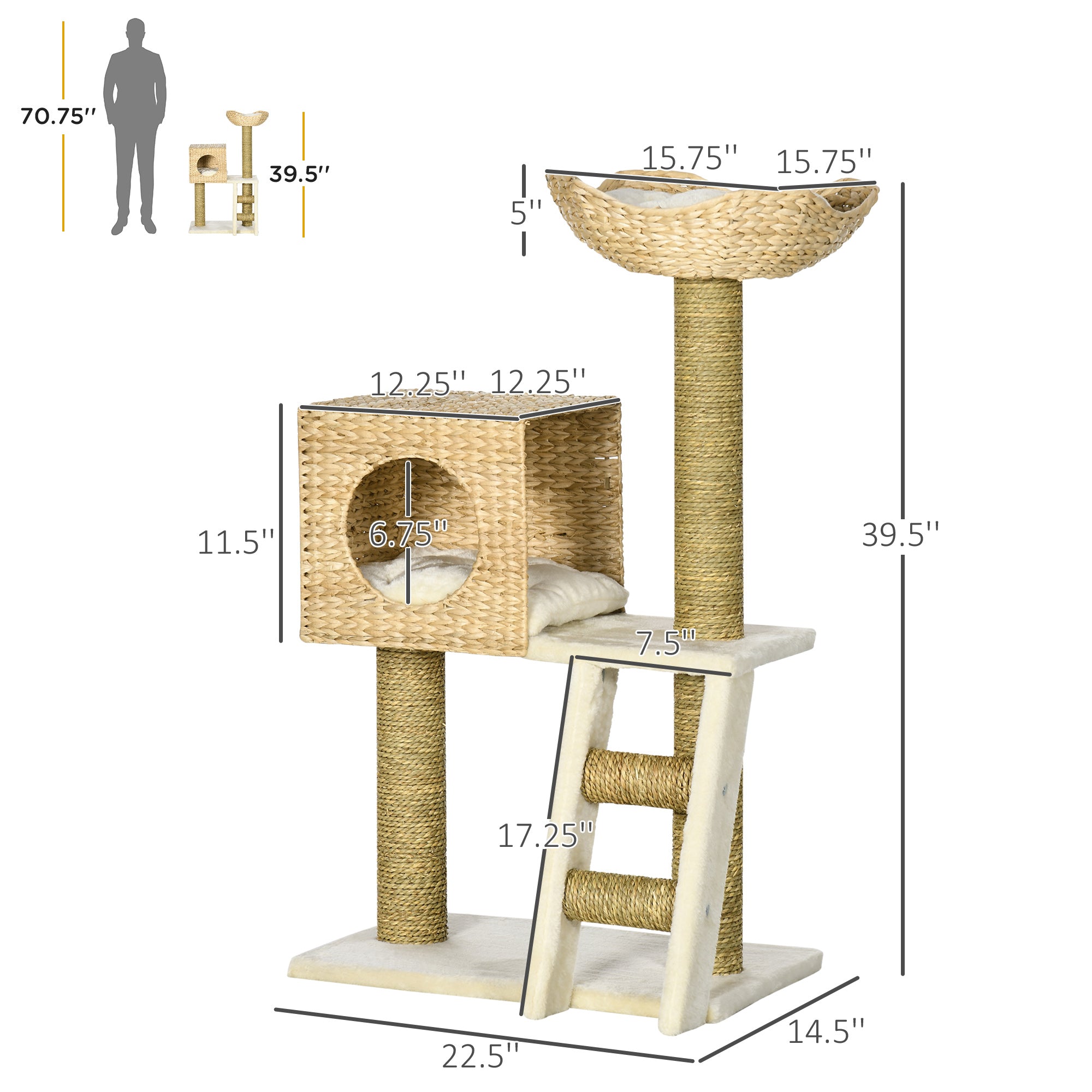 Cattail Weave Cat Tree for Indoor Cats Kitty Tower with Rattan Cat Condo, Wicker Bed, Ladder, Washable Cushions, 22.5" x 14.5" x 39.5", Natural - Natural Wood - Image 3