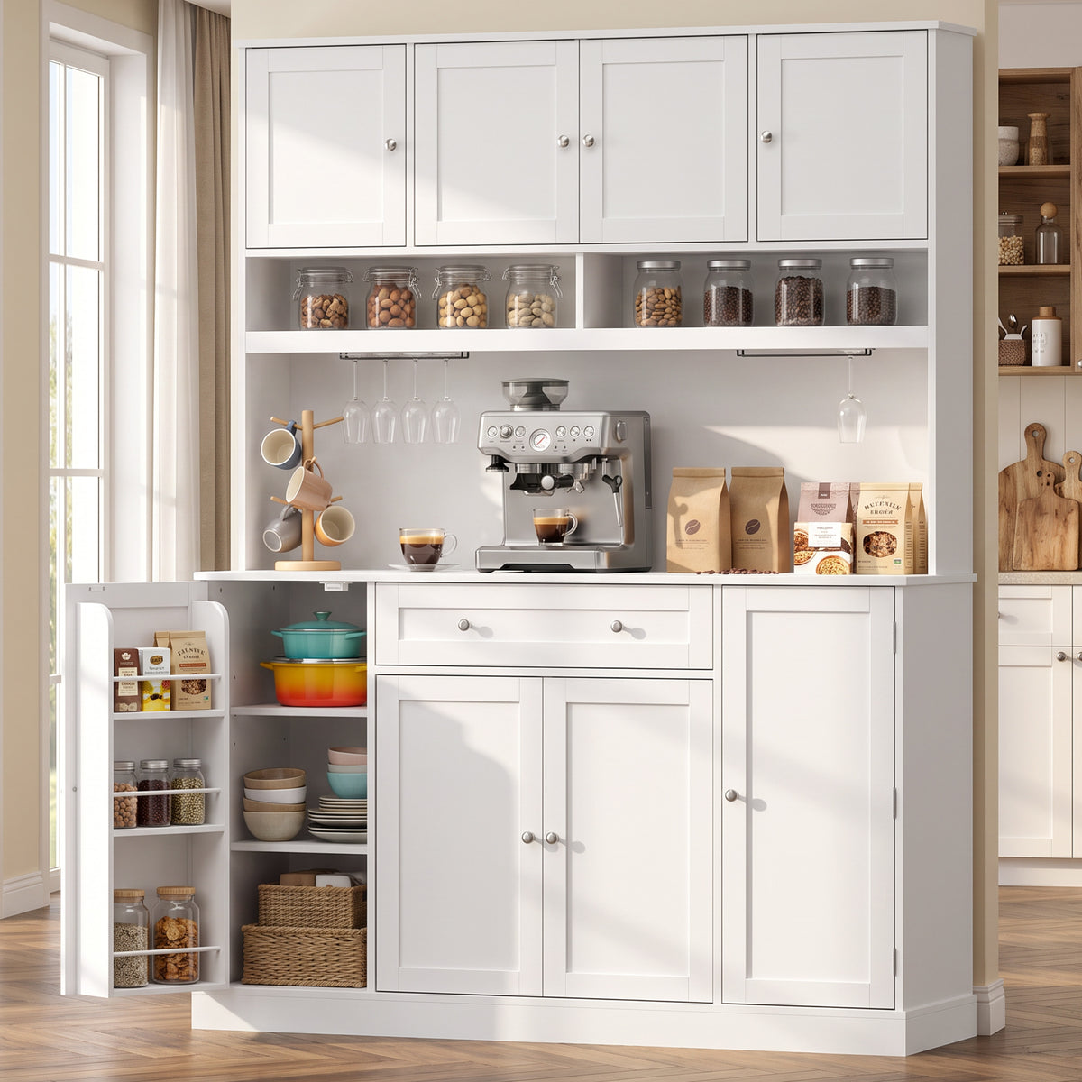 73" Pantry Cabinet with Charging Station, 55" Wide Kitchen Pantry with Microwave Stand, White