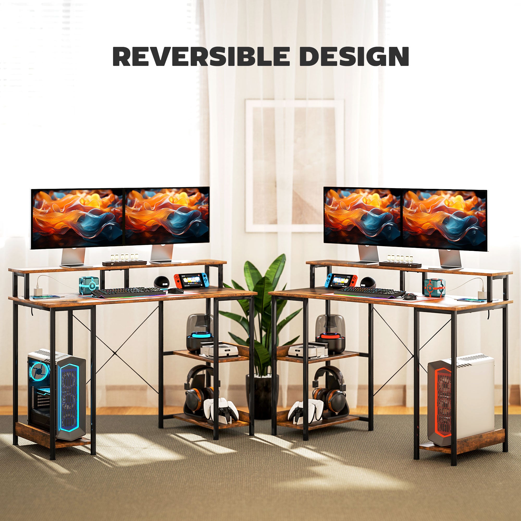 Computer Desk with Storage, 47" Reversible Computer Table with Power Outlets and LED Lights, Rustic Brown