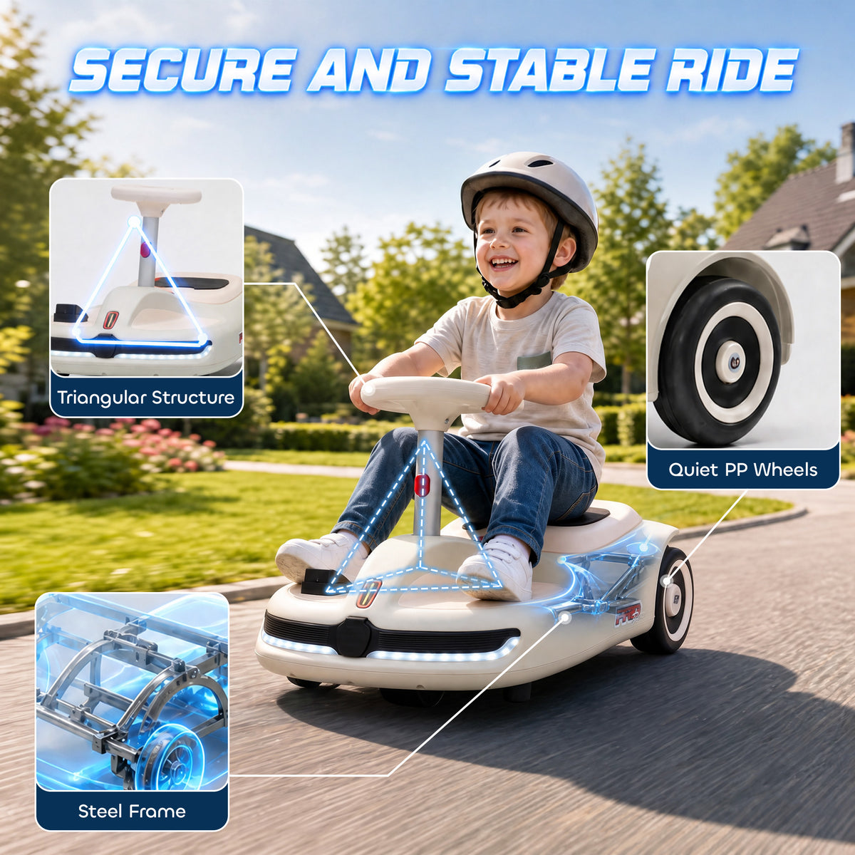 12V Electric Wiggle Car with Pedal, Kids Ride On Car with 2 Speeds, Soft Start, Music, Lights for 3-5 Years, White