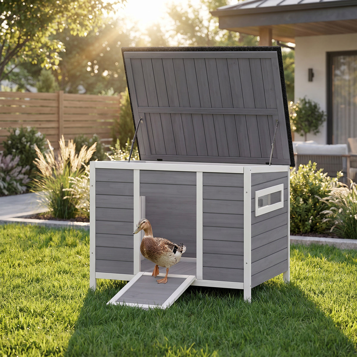Duck Coop, Wooden Duck House Rabbit Hutch with Openable Roof, Removable Base, Elevated Legs, Ramp, Ventilated Windows
