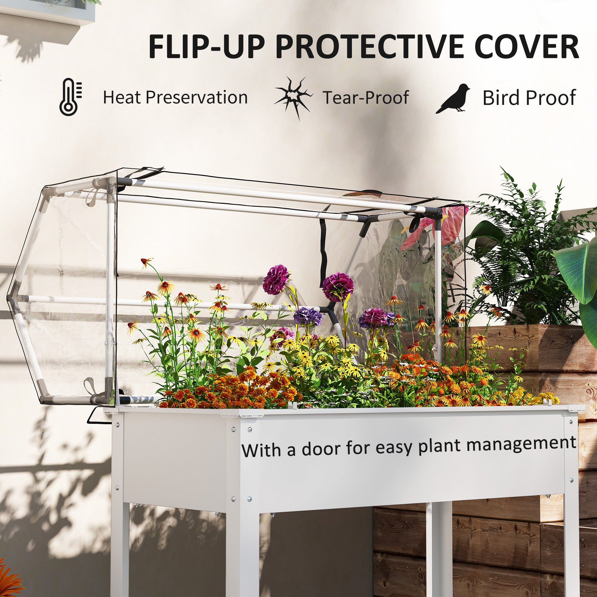 Elevated Garden Box with Greenhouse Cover, Raised Garden Bed with Legs and Drainage Hole for Vegetables, White - White - Image 4