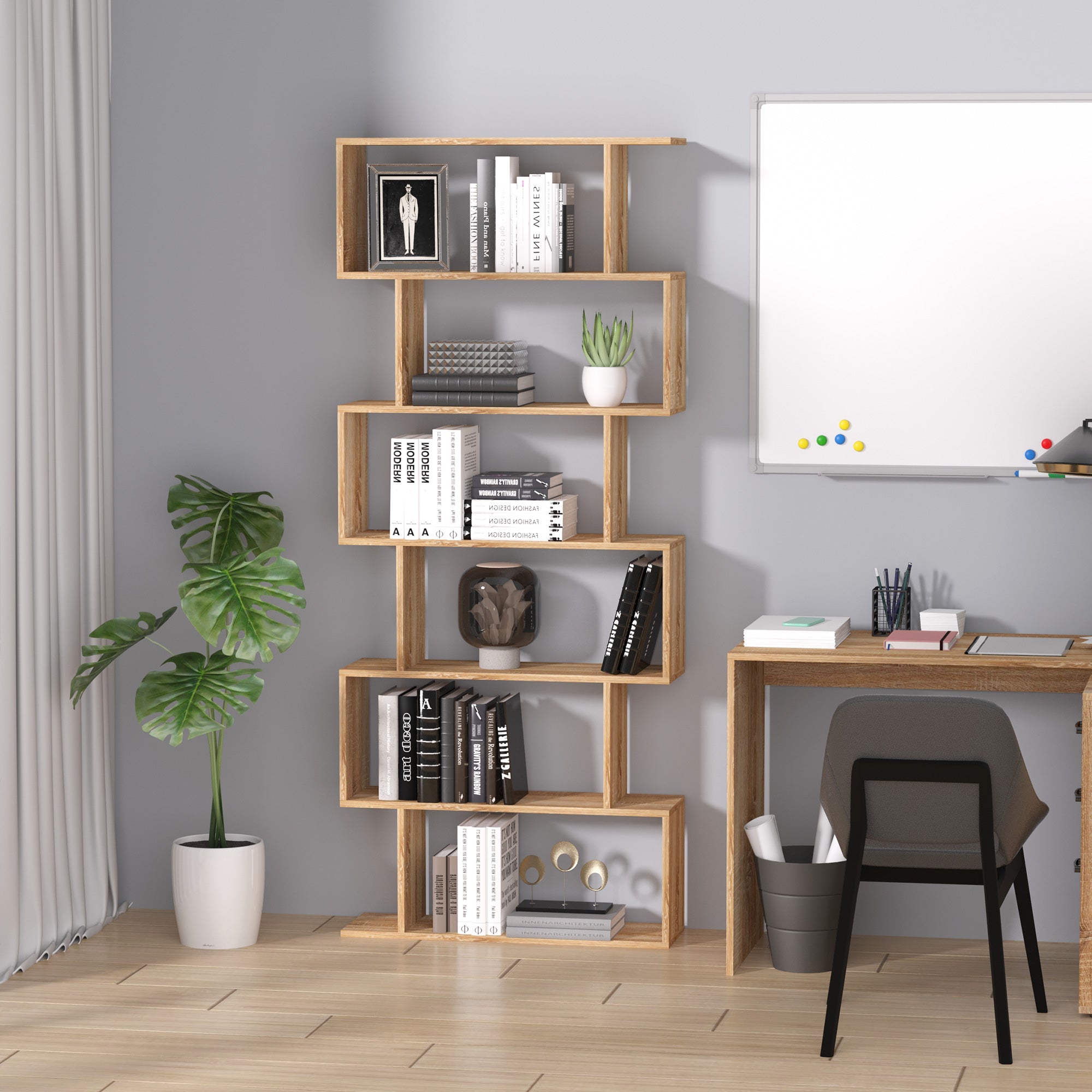 75.5" H Bookcase 6 Shelf S-Shaped Bookshelf Wooden Storage Display Stand Shelf Organizer Free Standing, Oak