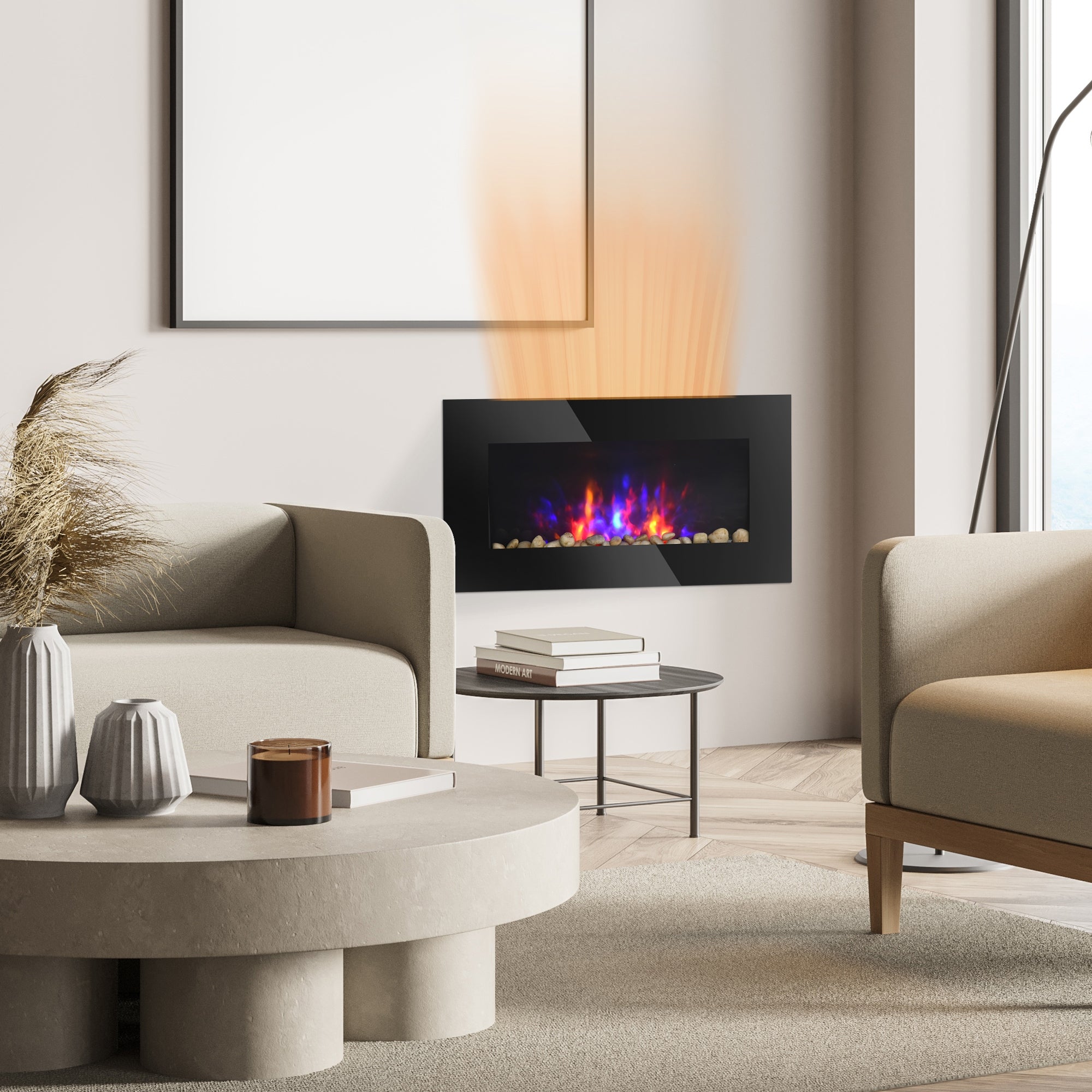 28.5" 1450W Electric Wall-Mounted Fireplace with Flame Effect, 7 Color Background Light, Black