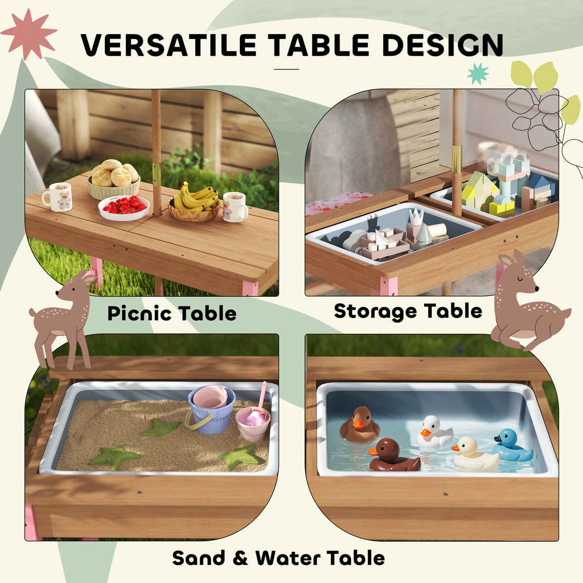 Qaba Kids Picnic Table Set with Foldable Umbrella, Removable Cushions & Boxes, Flamingo Theme, Pink