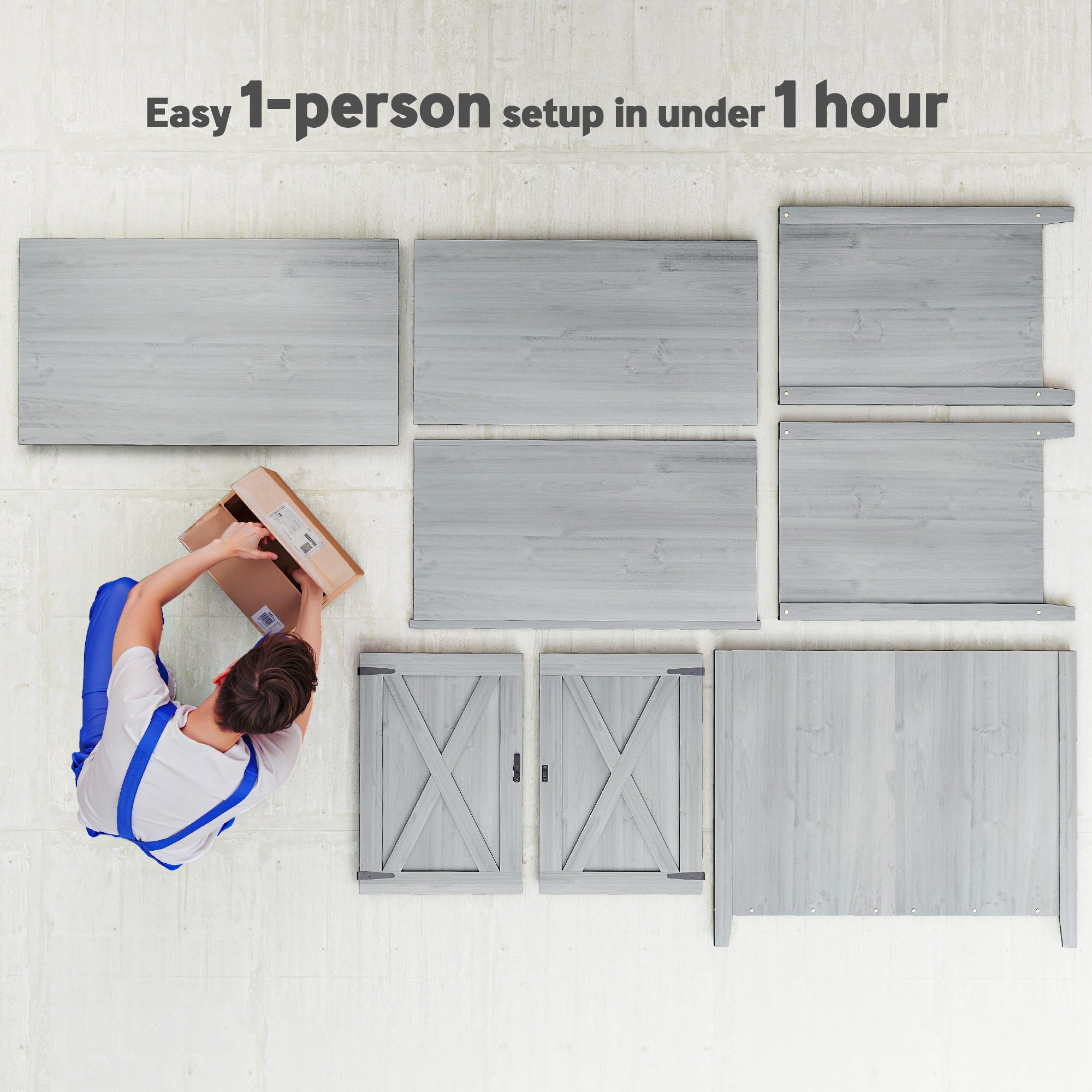 Wooden Outdoor Storage Cabinet, Garden Shed Potting Shed with Shelf and Double Doors, Light Gray - Light Gray - Image 7