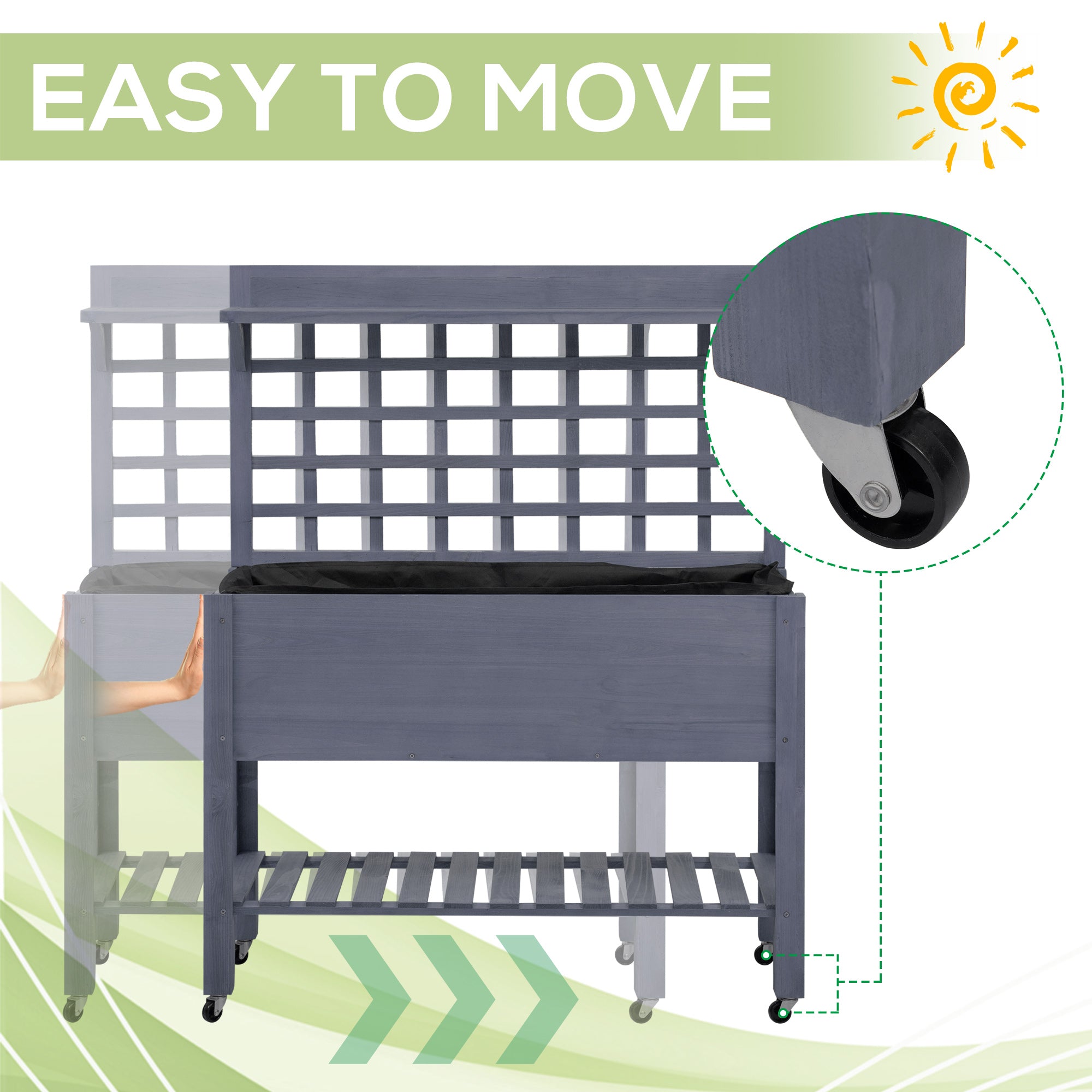 41" Raised Garden Bed Mobile Elevated Wooden Planter Box Stand with Wheels, Trellis and Storage Shelf, Gray - Gray - Image 4
