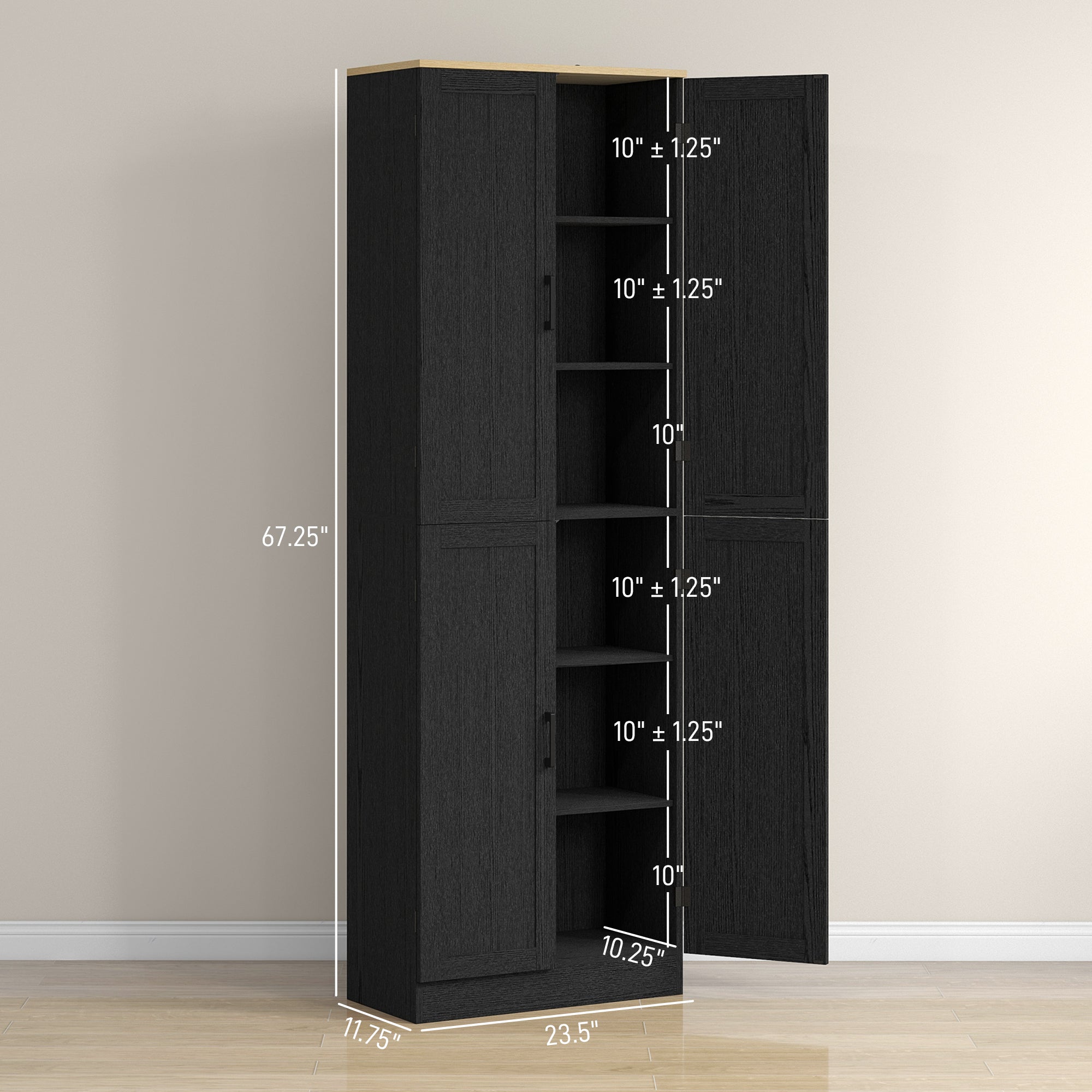 Freestanding Kitchen Pantry, 4-Door Kitchen Pantry Cabinet with Adjustable Shelves and Doors, Distressed Black