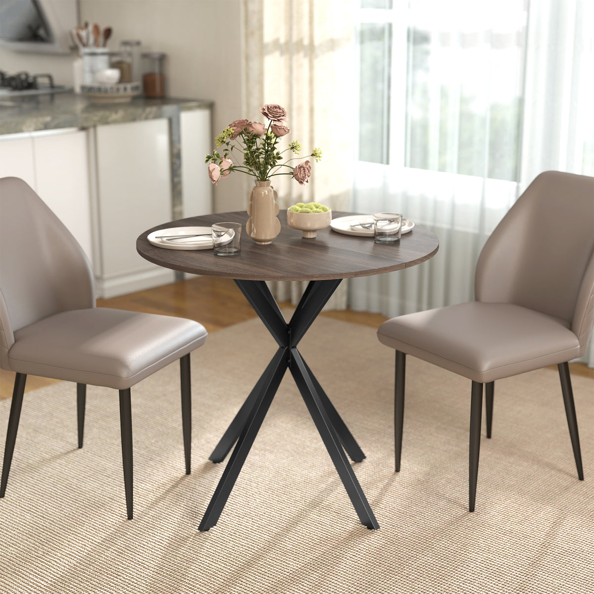 31.5" Small Round Dining Table for 2, Industrial Kitchen Table with Cross Steel Legs for Dining Room, Distressed Brown