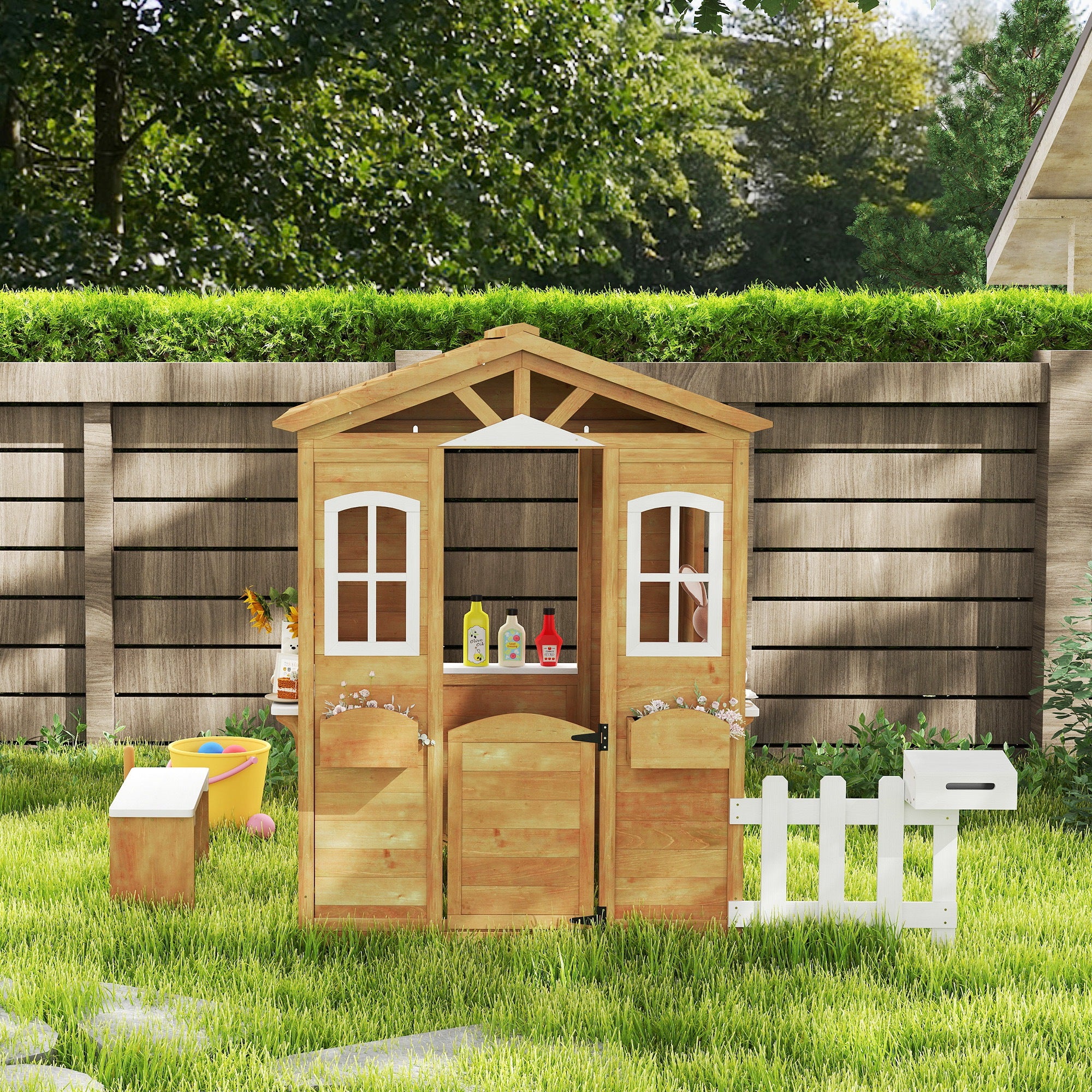 Outdoor Playhouse for Kids Wooden Cottage with Working Doors Windows & Mailbox for Age 3-6 Years, Natural Wood