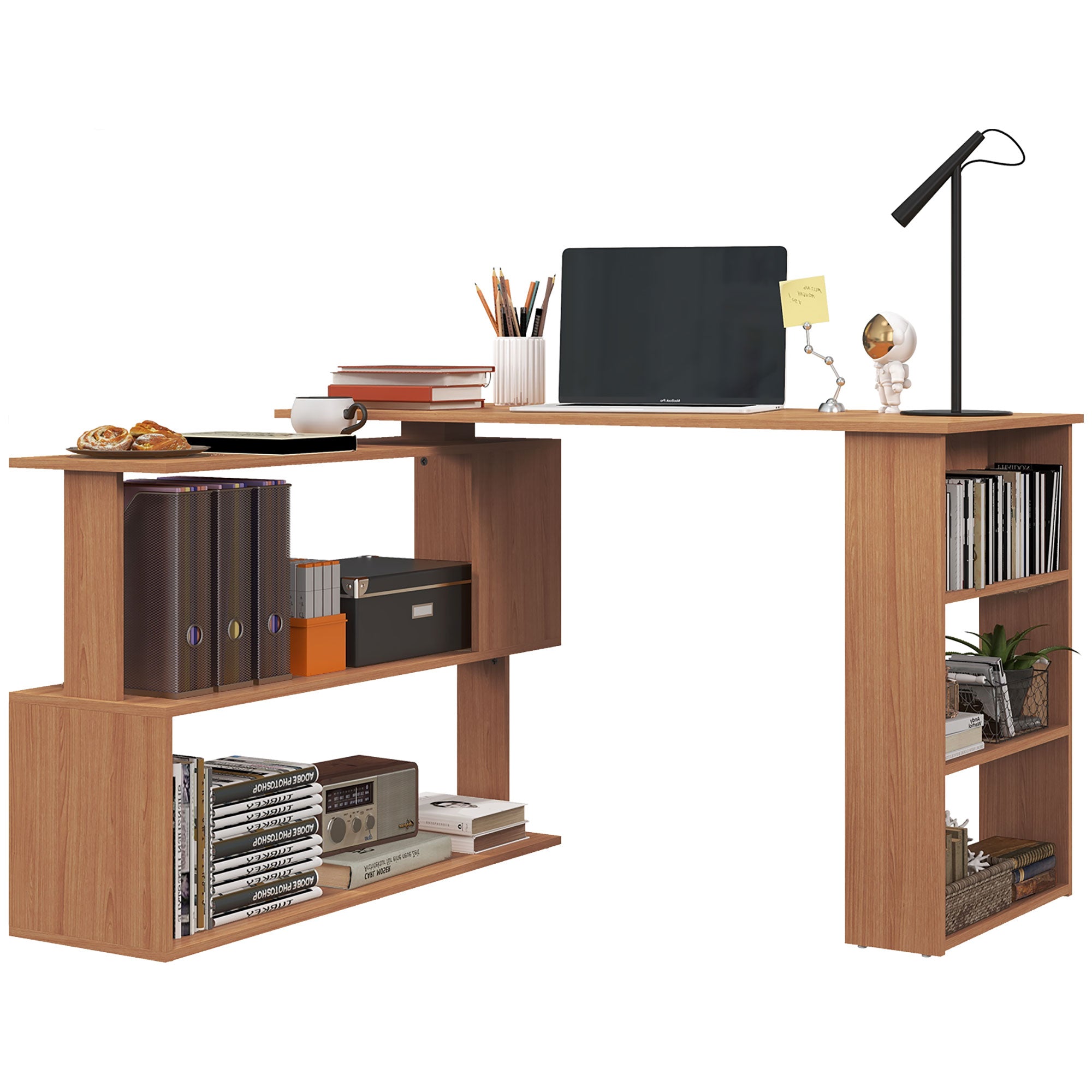 360° Rotating Home Office Desk L Shaped Corner Computer Desk with Storage Shelves, Writing Table Workstation, Teak