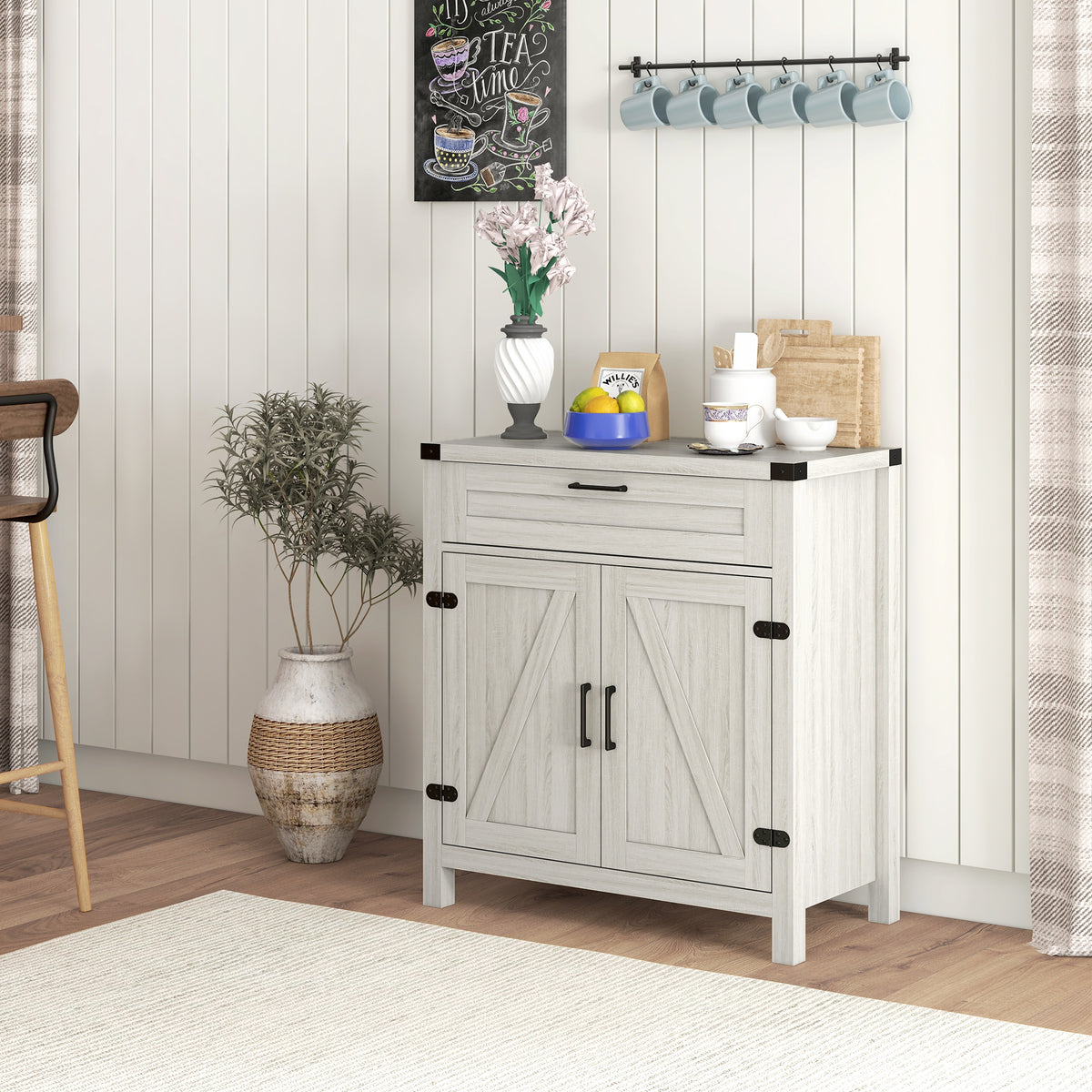 Modern Farmhouse Sideboard with Storage, Buffet Cabinet with 2 Barn Doors and Drawer for Dining Room, White Oak