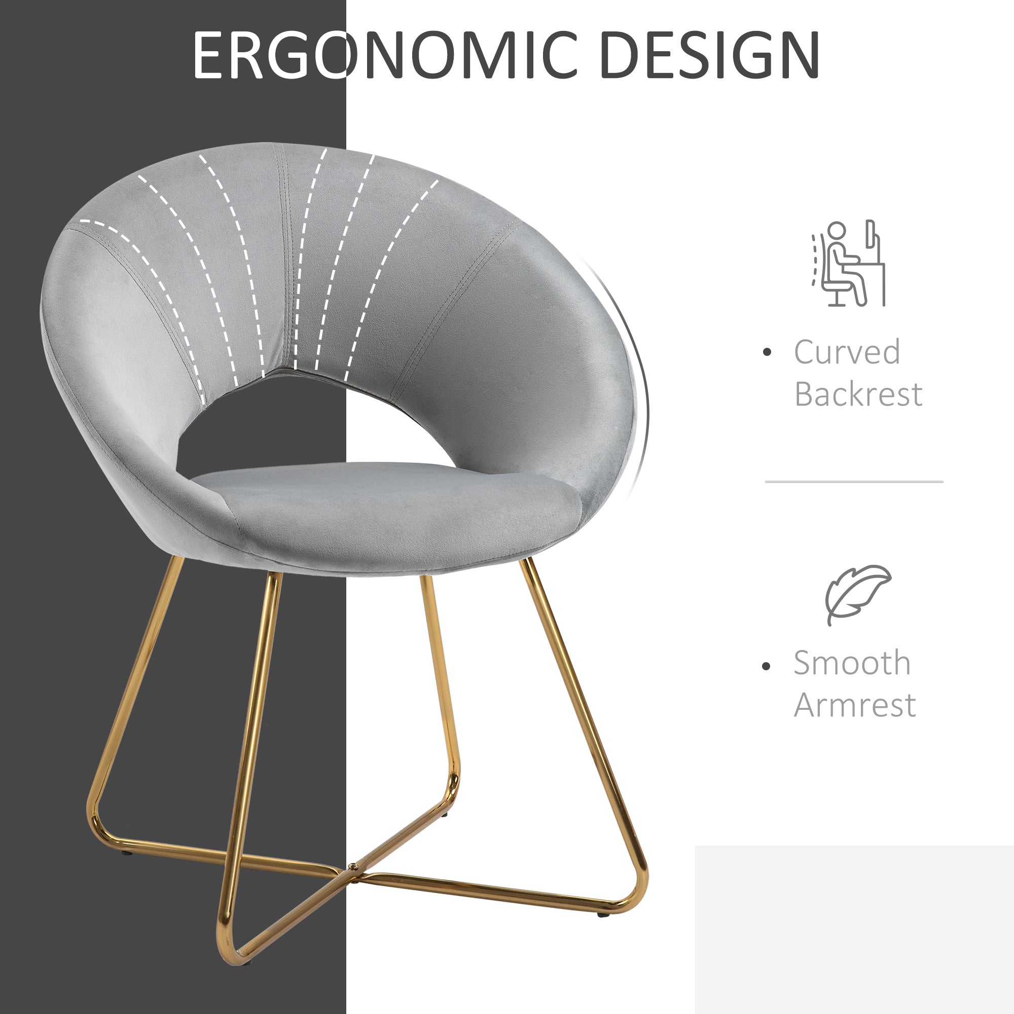 Modern Accent Velvet Chair Open Curved Mid-Back Upholstered Vanity Chair with Gold Plating Metal Legs Gray
