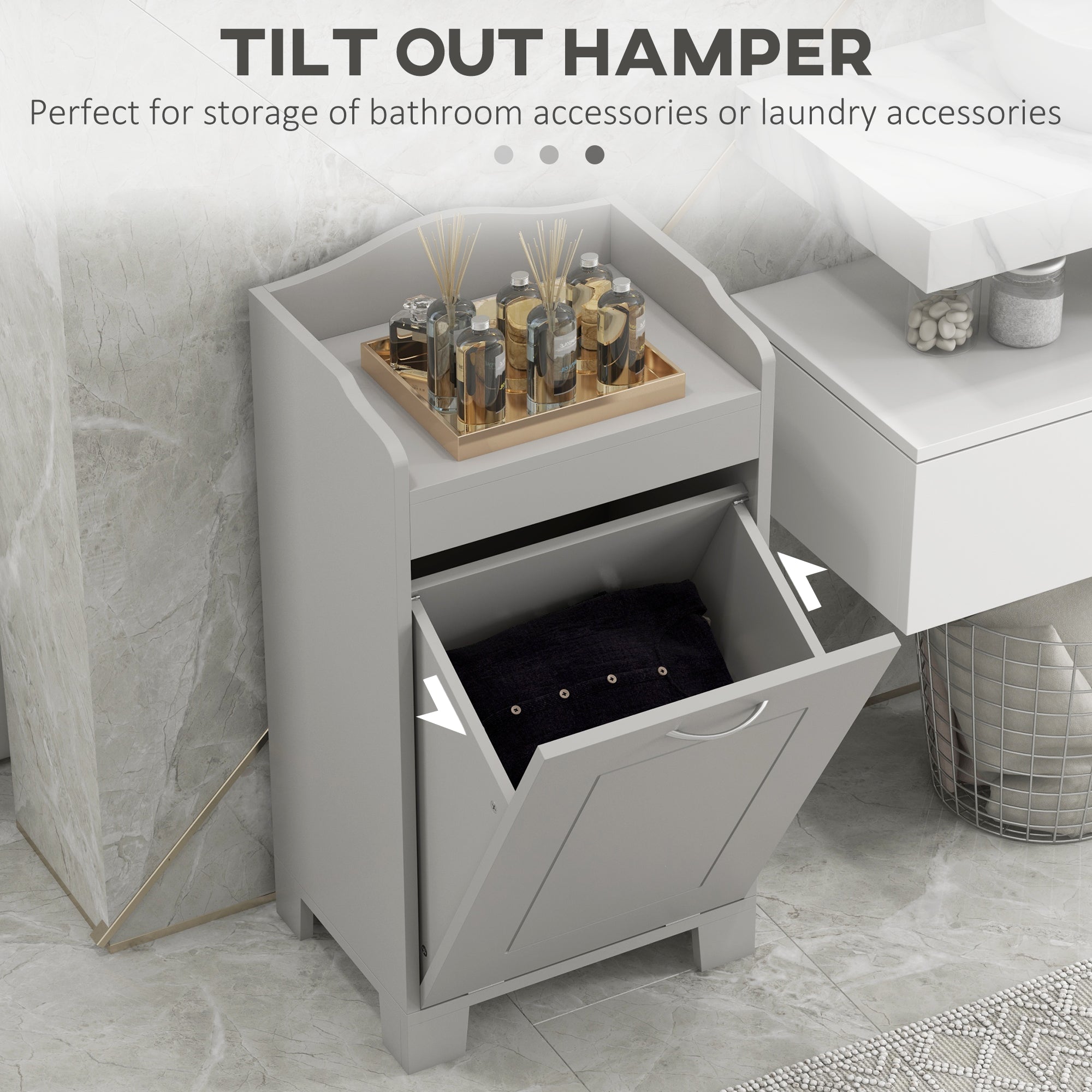 Tilt-out Laundry Storage Cabinet with Tabletop and Compartment Hamper, Gray