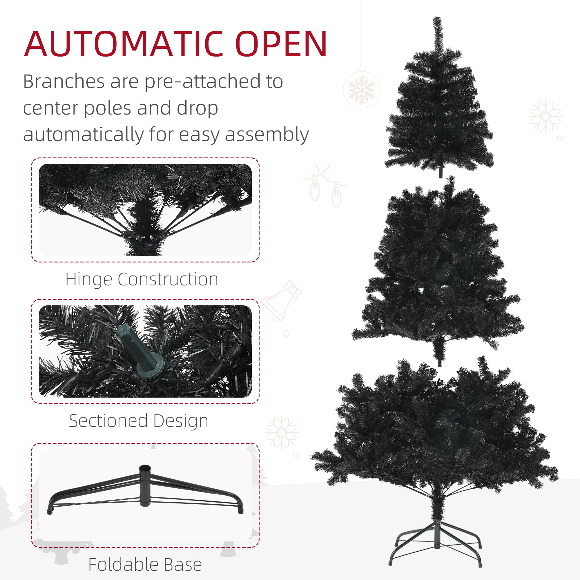 7.5ft Unlit Artificial Black Christmas Tree, Holiday Decor with 1346 Branch Tips, Auto Open and Steel Base