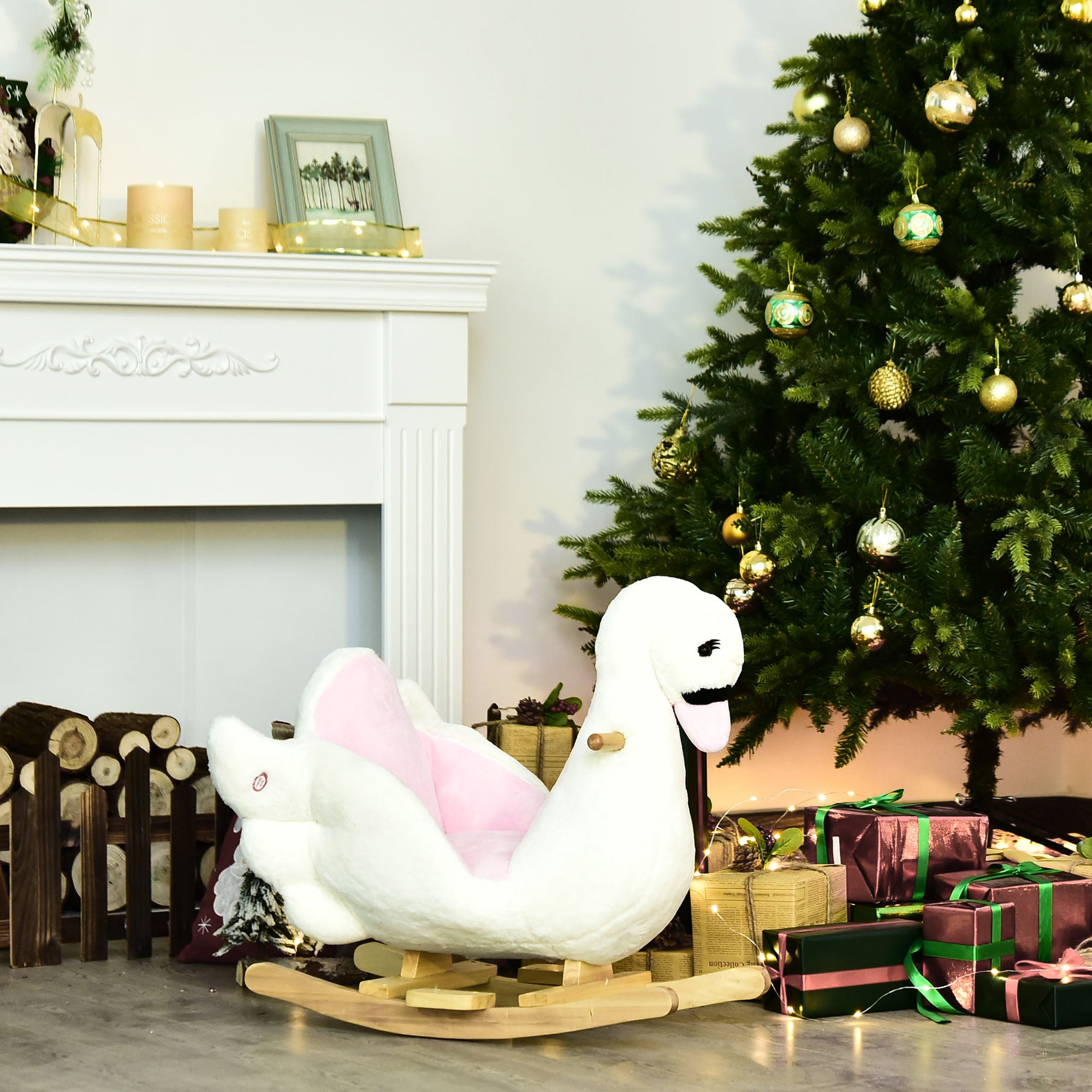 Kids Ride On Rocking Horse Plush Swan Style Toy with Music for Over 18 Months Children, White and Pink