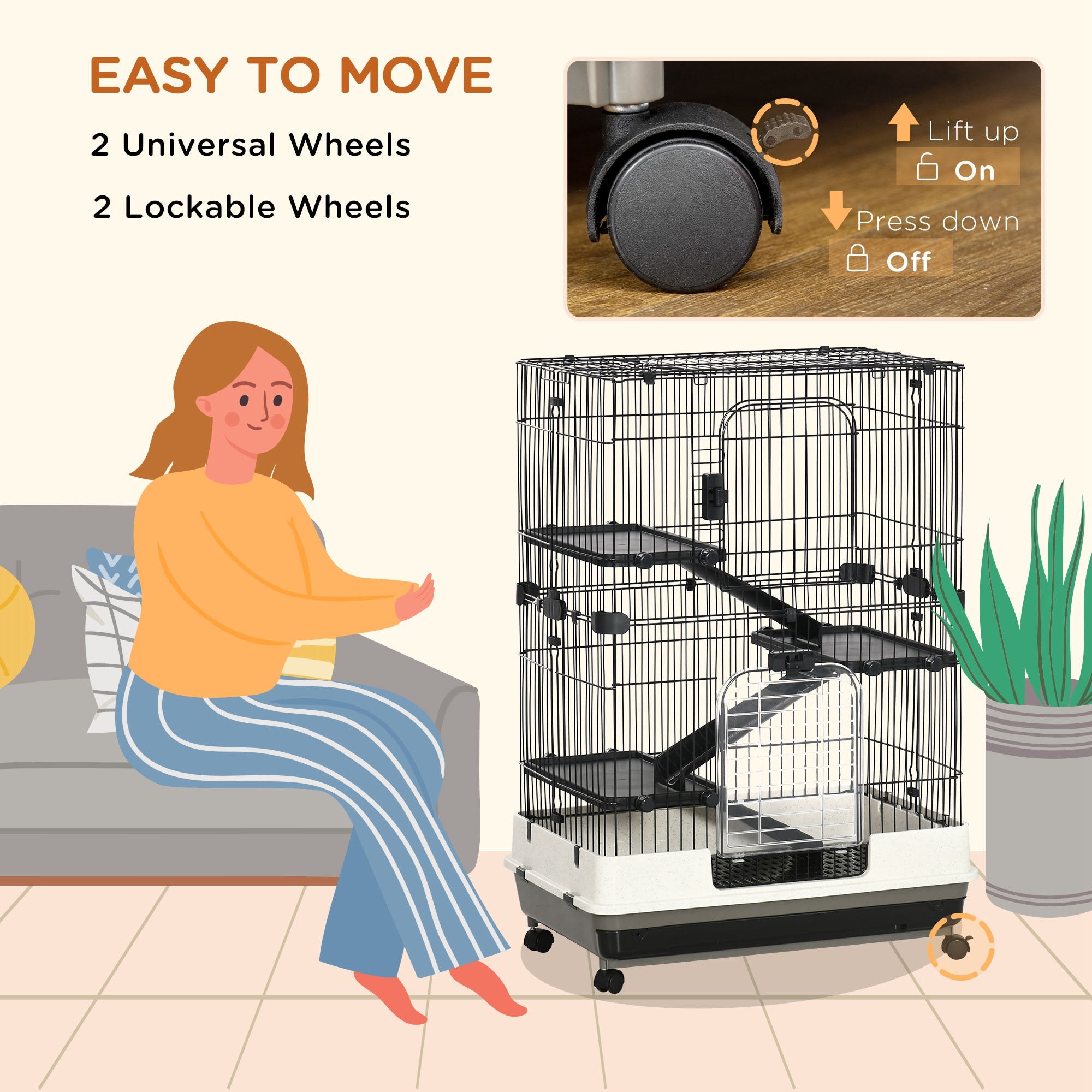 32"L 4-Level Small Animal Cage Rabbit Hutch with Universal Lockable Wheels, Slide-out Tray for Bunny, Chinchillas, Ferret, Black - Black - Image 5