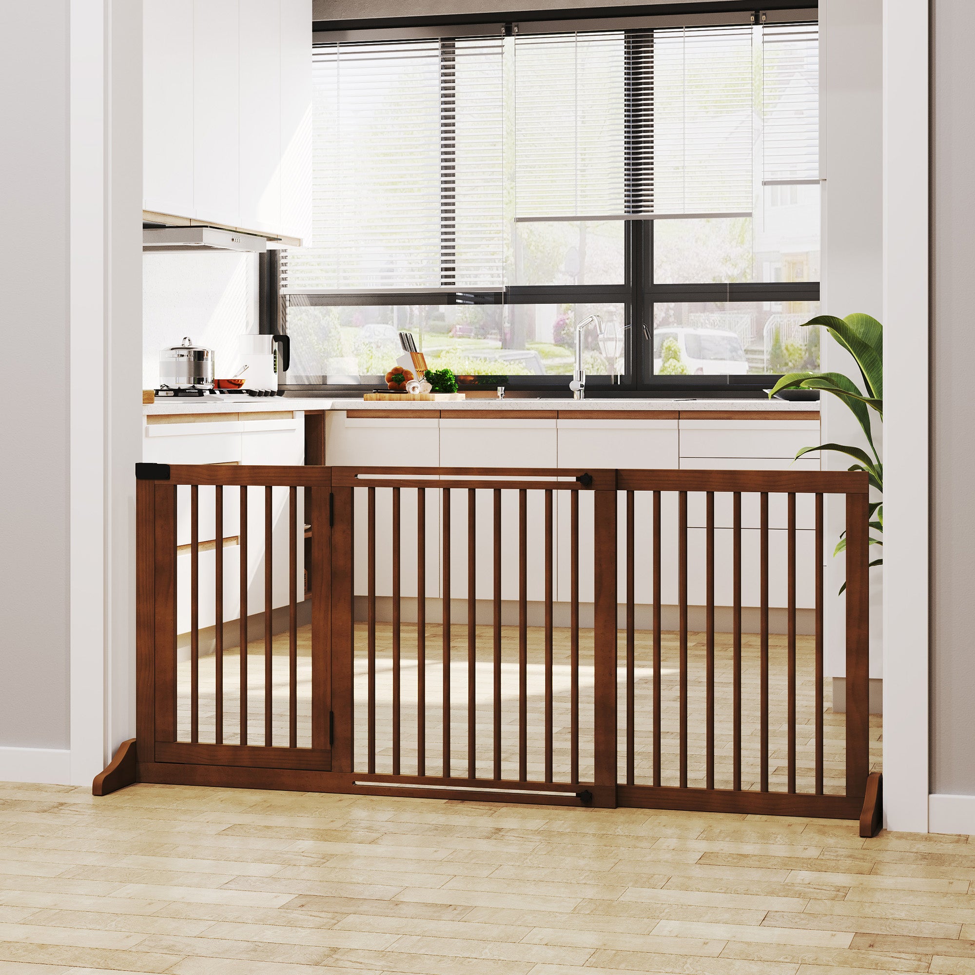 Freestanding Length Adjustable Wooden Pet Gate with Lockable Door 3 Panels, Brown - Brown - Image 2
