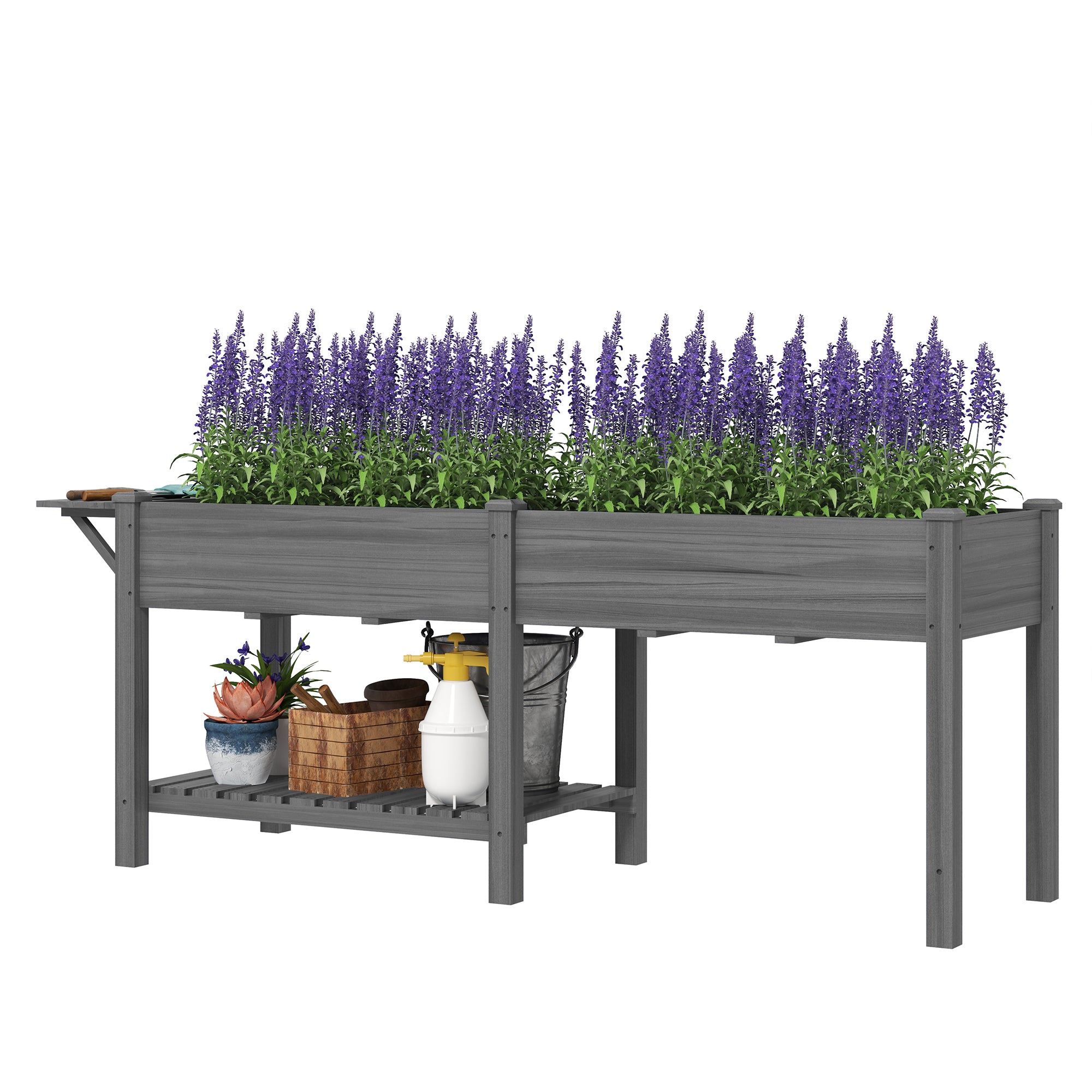 Wood Raised Garden Box, Elevated Garden Bed with Side Table, Bottom Shelf, Bed Liners and Drainage Holes, Gray - Gray