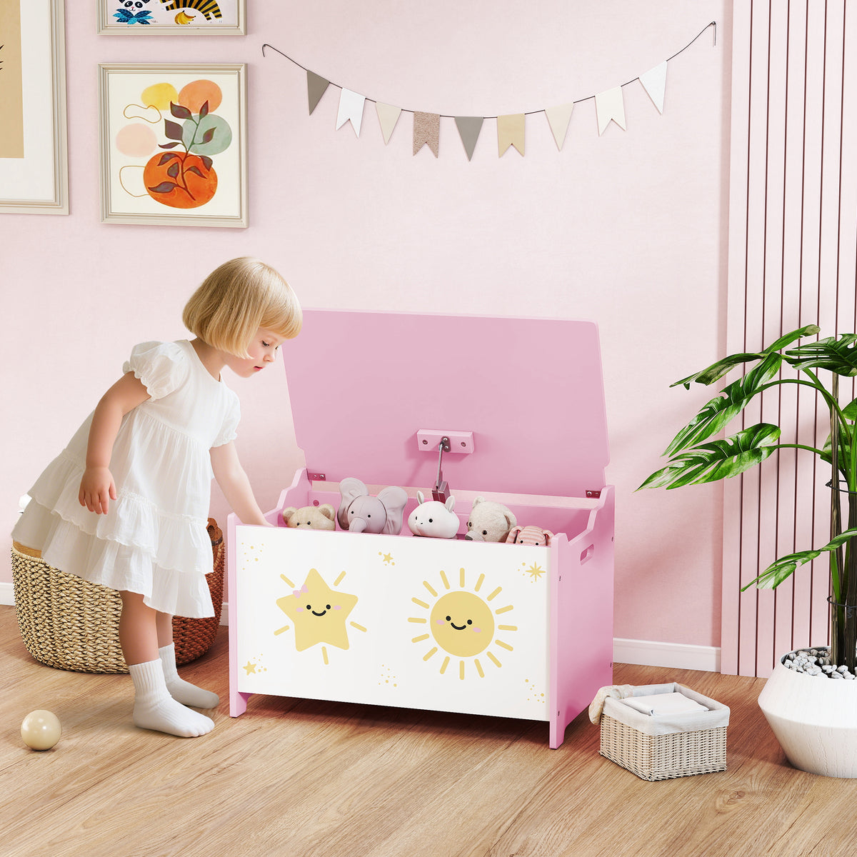 Qaba Toy Box with Lid, Safety Hinges and Groove Handles, Toy Storage Organizer for Kids, Living Room, Playroom, Pink