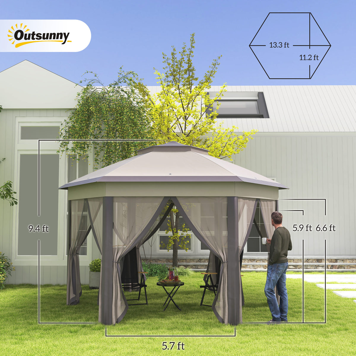 13' x 13' Pop Up Gazebo Hexagonal Canopy Shelter with 6 Zippered Mesh Netting for Patio Backyard Garden Wedding Party