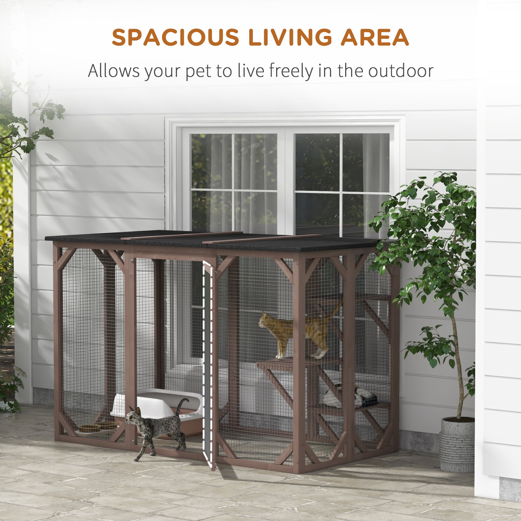 Outdoor Cat House, Catio Wooden Feral Cat Shelter, Cat Cage with Platforms, Large Enter Door, Weather Protection Asphalt Roof, 71" L, Brown - Brown - Image 7