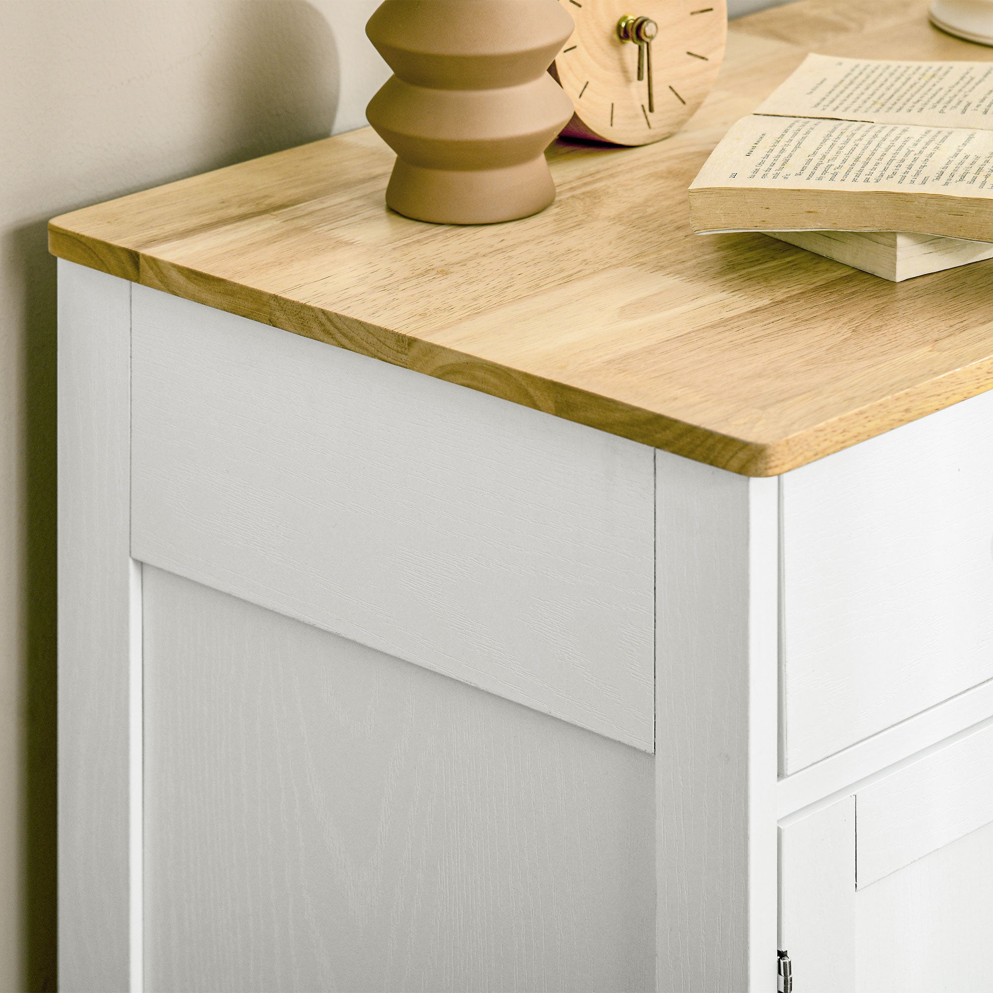 Kitchen Storage Cabinet, Sideboard Floor Cupboard with Solid Wood Top, Adjustable Shelf, and 2 Drawers, Distressed White