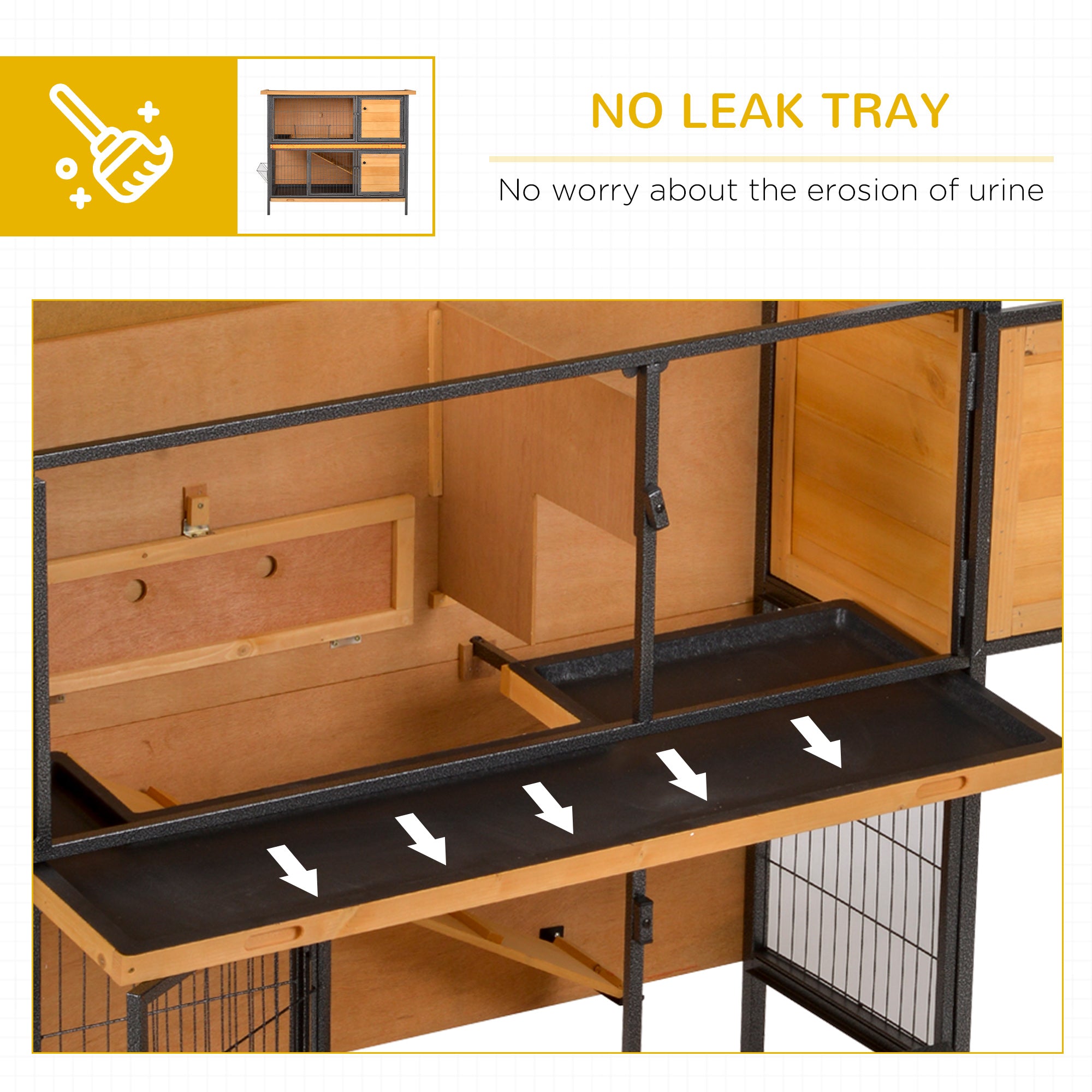 48" 2-Story Large Rabbit Hutch Bunny Cage Wooden Pet House Metal Frame with Rooms, Ramp, No Leak Tray, Feeding Trough, Waterproof Asphalt Roof for Rabbits, Chickens, Ducks, Outdoor/Indoor - Light yellow - Image 6