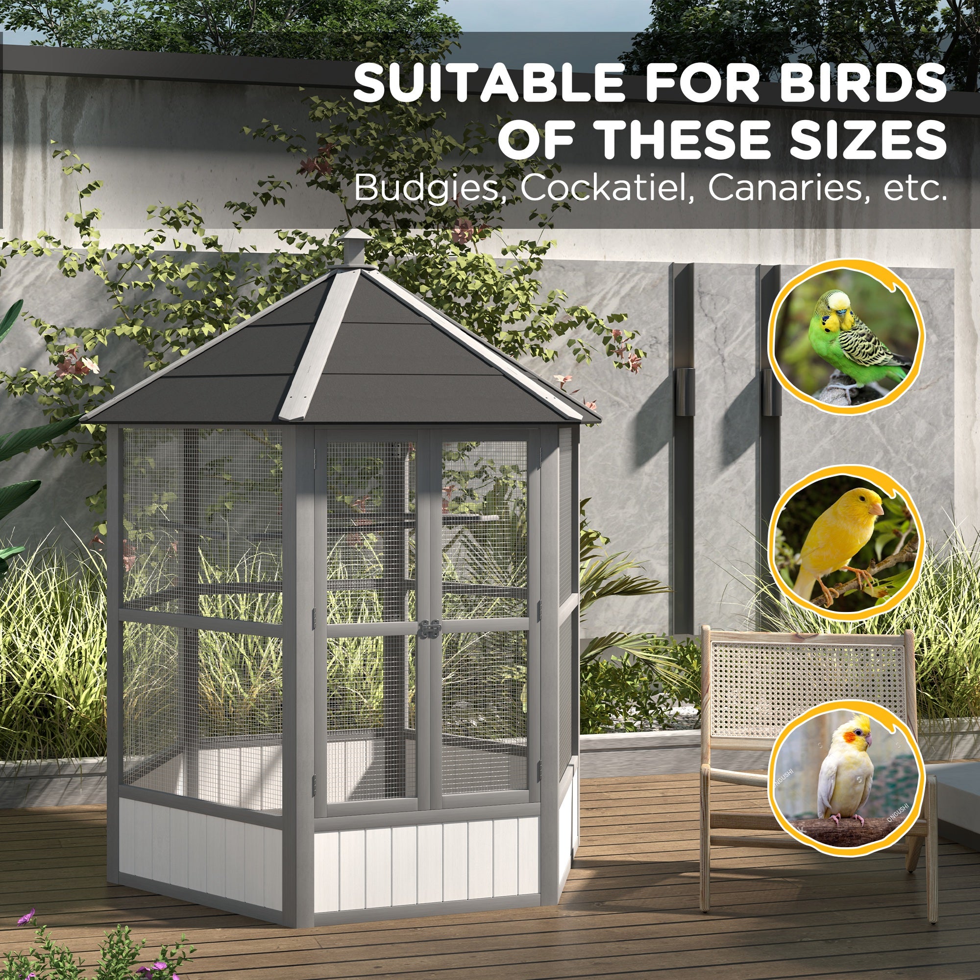 69" Wooden Hexagonal Outdoor Aviary Flight Bird Cage With Covered Roof, Light Gray - Light Gray - Image 5