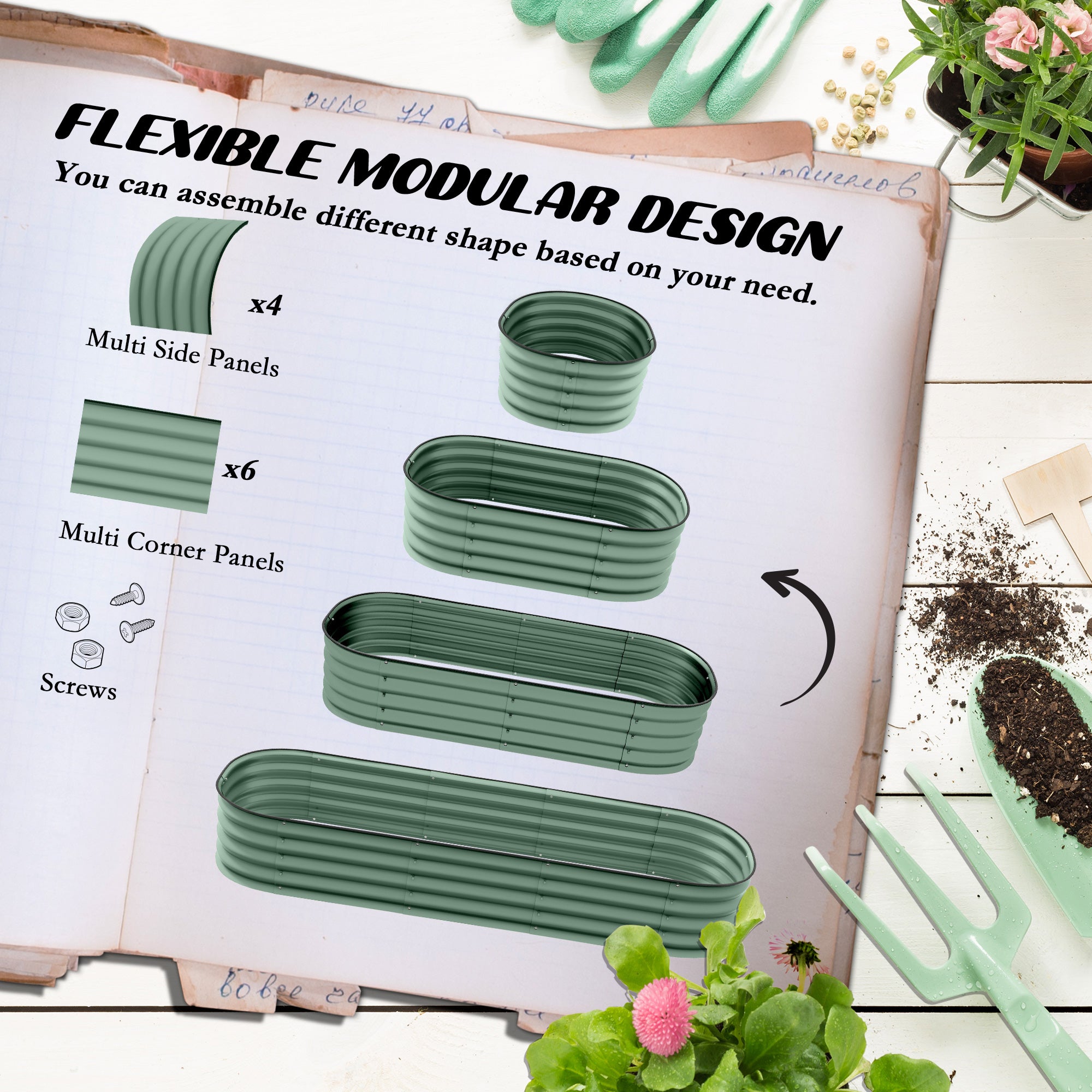 6.4' x 2' x 1' Galvanized Raised Garden Bed Kit, Metal Planter Box with Safety Edging, Green - Green - Image 4