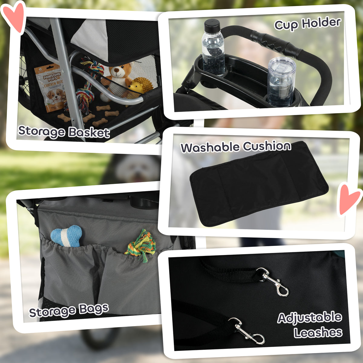 Dog Stroller, Foldable Dog Stroller with 12" Rubber Wheels for Small Dogs, Up to 22 LBS, Light Gray