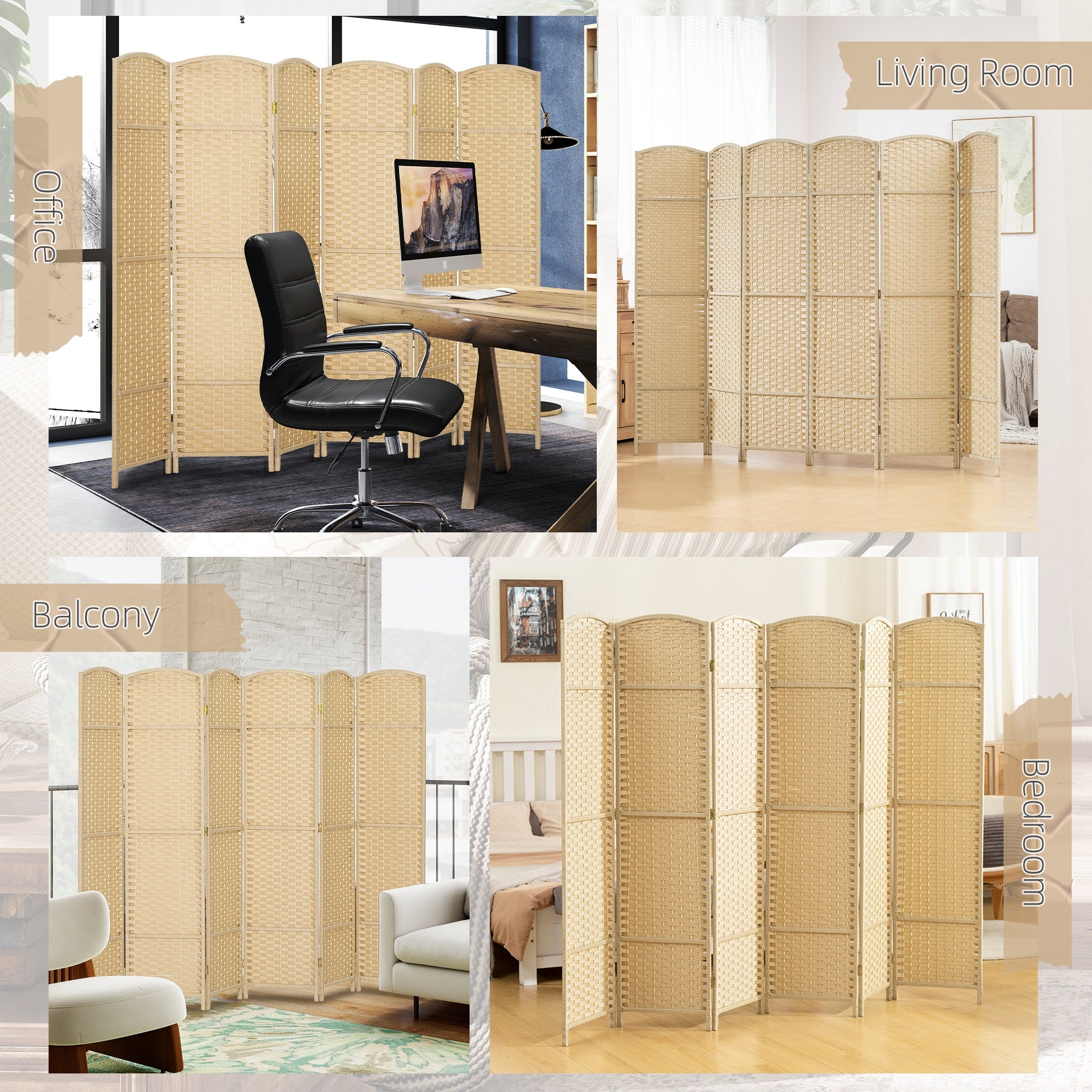 Folding Room Divider Screen 6 Panel 5.6' Tall Privacy Screen Freestanding Room Partition for Home Office, Beige