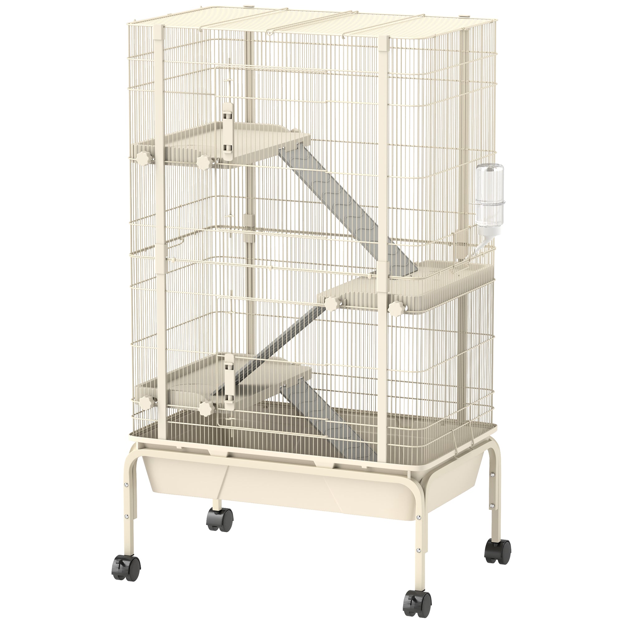 47" Small Animal Cage, 4 Levels Large Rolling Metal Ferret Cage w/ 5.9" Deep Tray, Ramps, Water Bottle, Food Dish, Beige - Beige