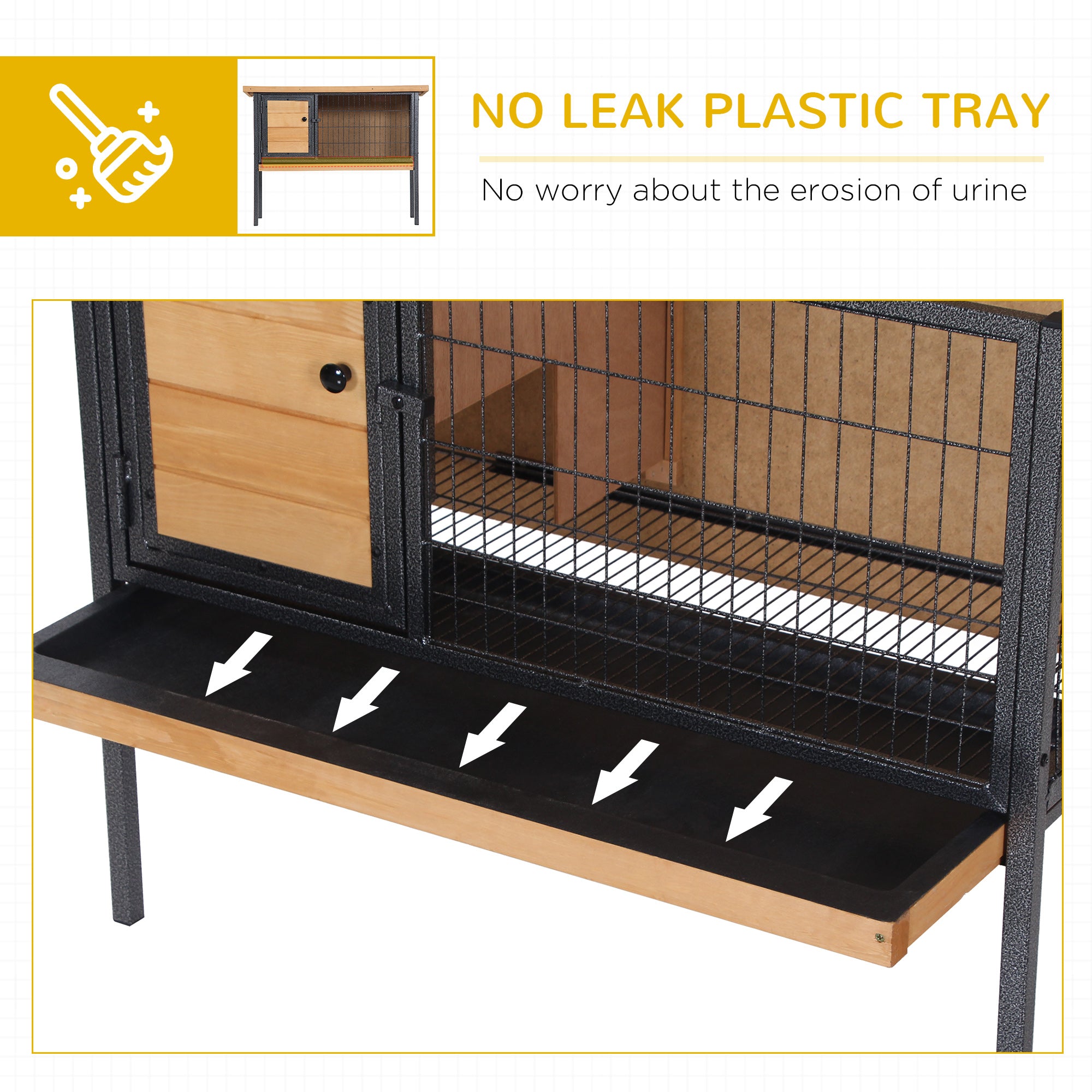 Rabbit Hutch Elevated Bunny Cage Small Animal Habitat with Metal Frame, No Leak Tray, Metal Wire Pan, Openable Water-Resistant Asphalt Roof for Rabbits, Chickens, Ducks, Indoor/Outdoor Natural - Natural Wood, Black - Image 6