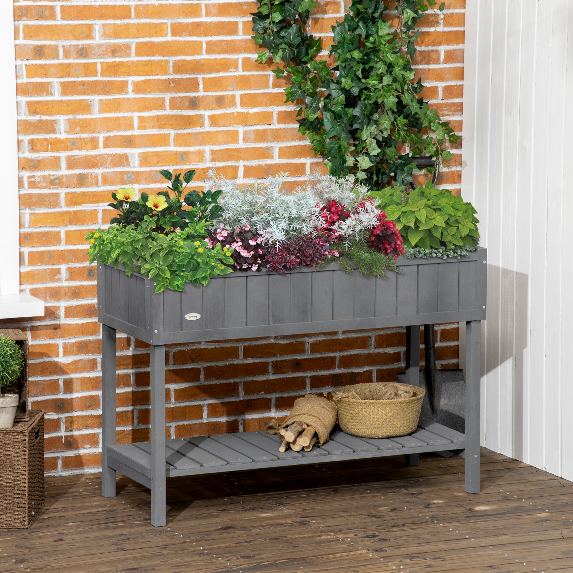 Wooden Raised Garden Bed, Elevated Planter Box Stand with 8 Slots and Open Shelf, Dark Gray - Dark Grey - Image 2