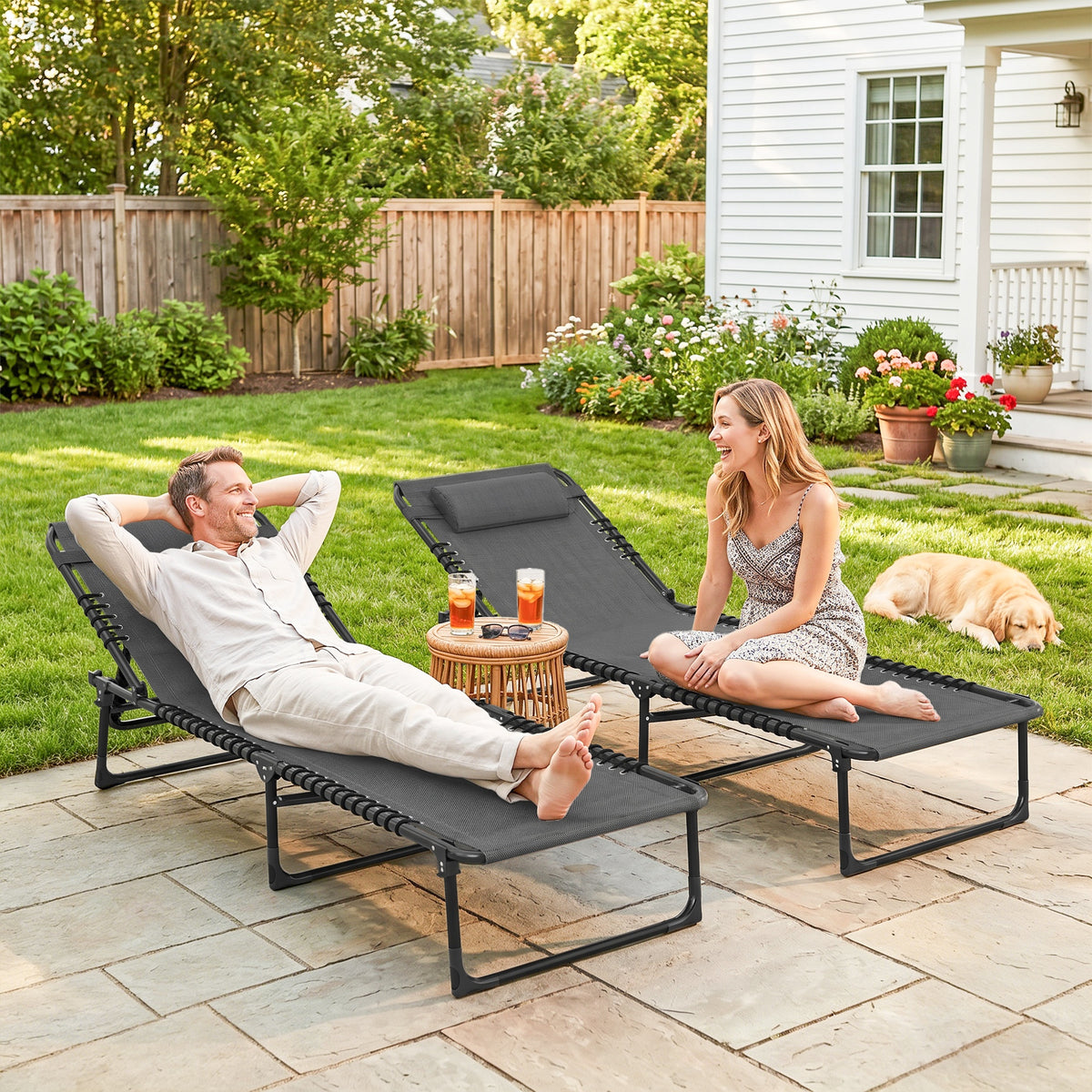 2 Folding Chaise Lounge Pool Chairs with 4-Position Reclining Back, Pillow, Breathable Mesh & Bungee Seat, Gray