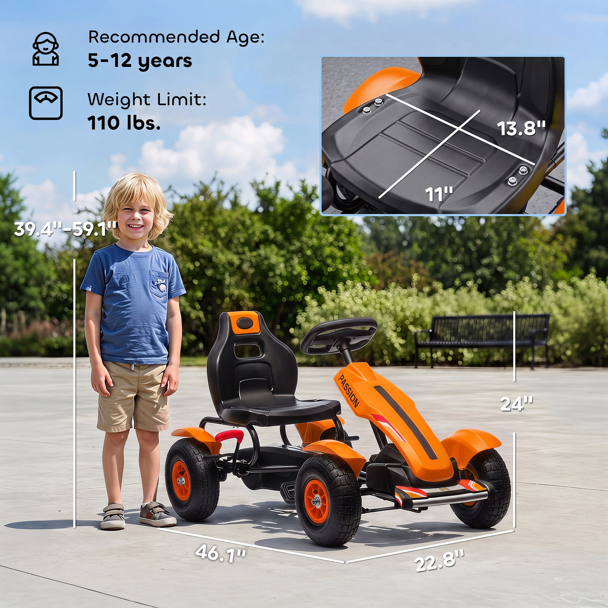 Kids Pedal Go Kart, Outdoor Ride on Toys with Adjustable Seat, Sharp Handling, Handbrake, 4 Non-Slip Rubber Wheels for Boys & Girls Aged 5-12 Years Old, Orange