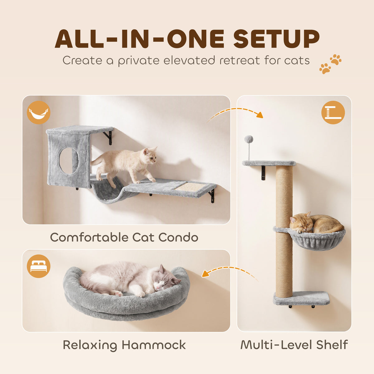 3-In-1 Cat Wall Shelves with Condo, Bed, Hammock, Scratching Post and Spring Ball, Gray