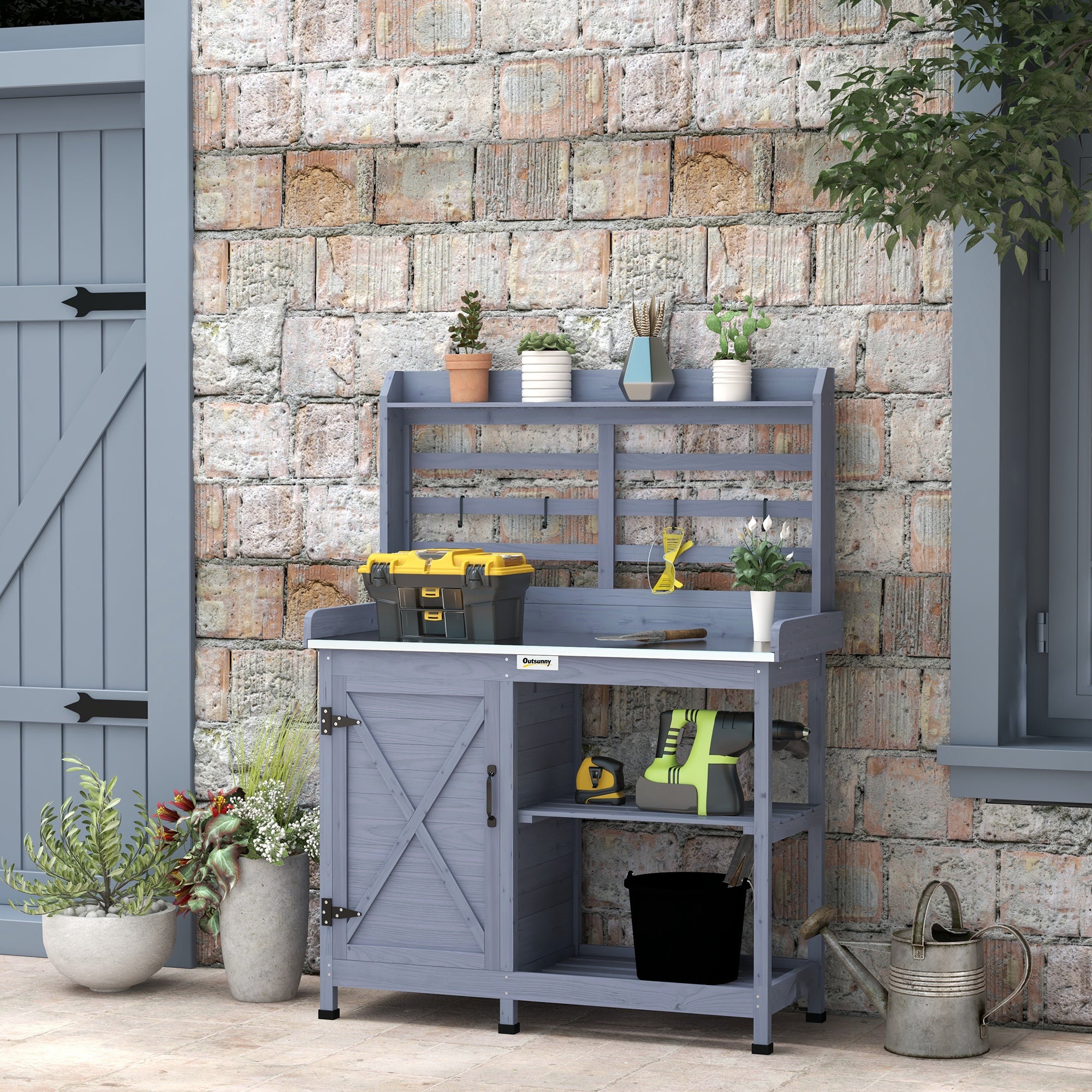 Wooden Potting Bench with Storage, Aluminum Tabletop for Backyard, Patio, Balcony, Gray - Gray - Image 8