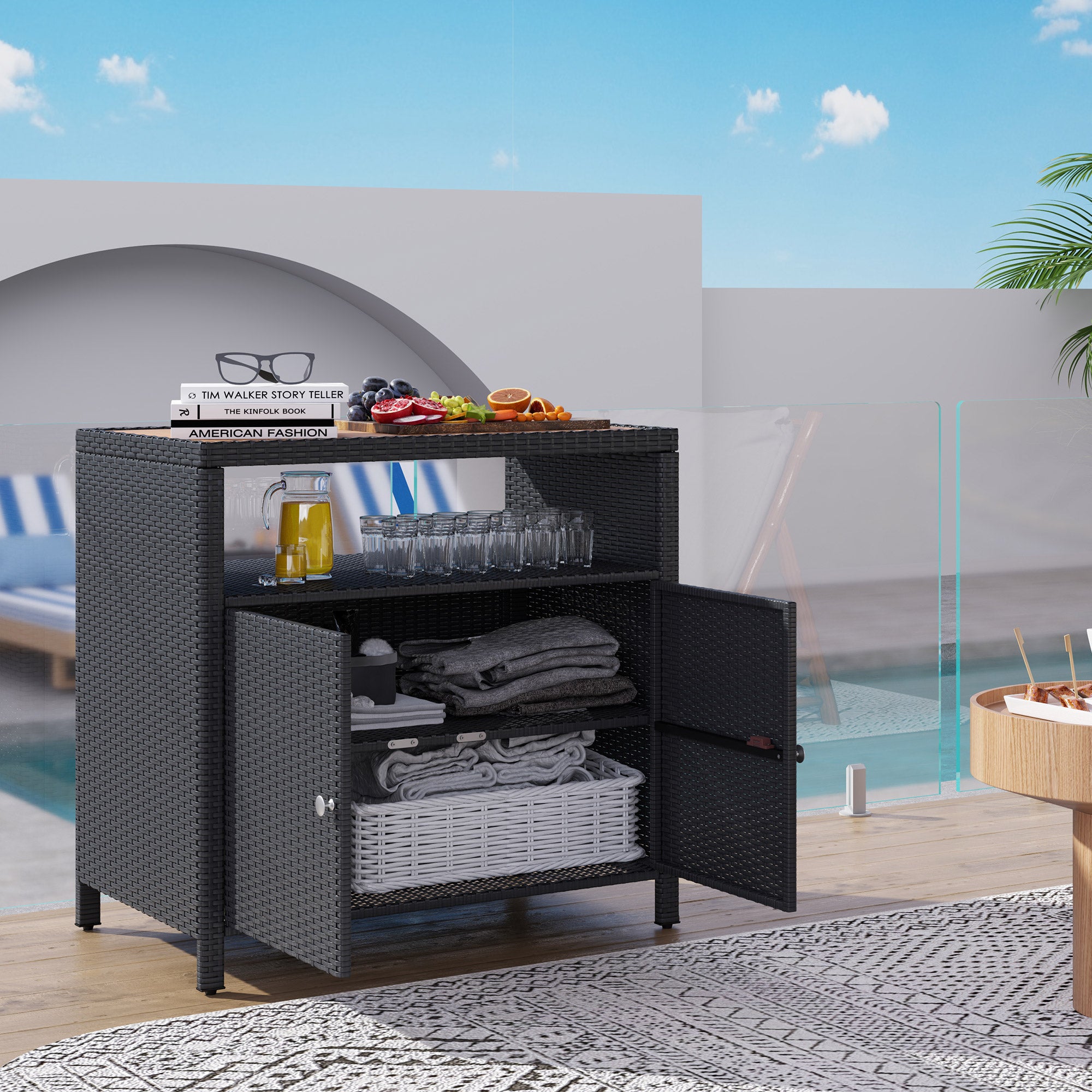 Outdoor Storage Cabinet with Acacia Wood Top, Two Doors, Shelf, Wicker Bar Table for Pool Towel Storage, Black - Black - Image 2