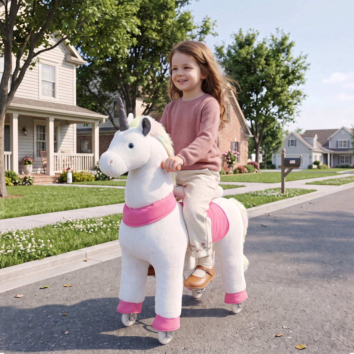 Unicorn Ride on Horse for Kids 4-12 Years, 37.4 Inch Height Plush Riding Pony with Rolling Wheels for Active Play, White
